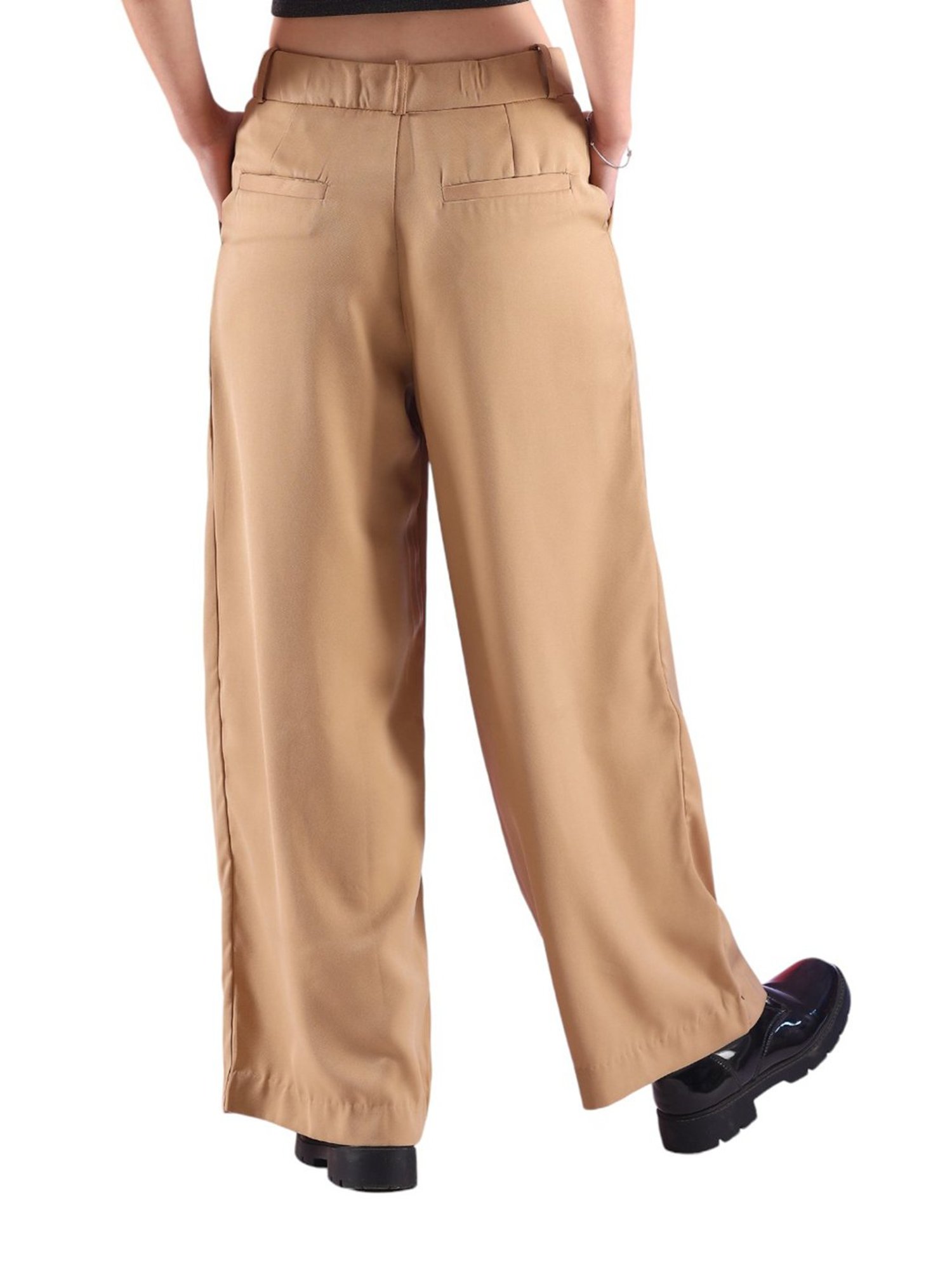 FITHUB Beige Regular Fit High Rise Trousers