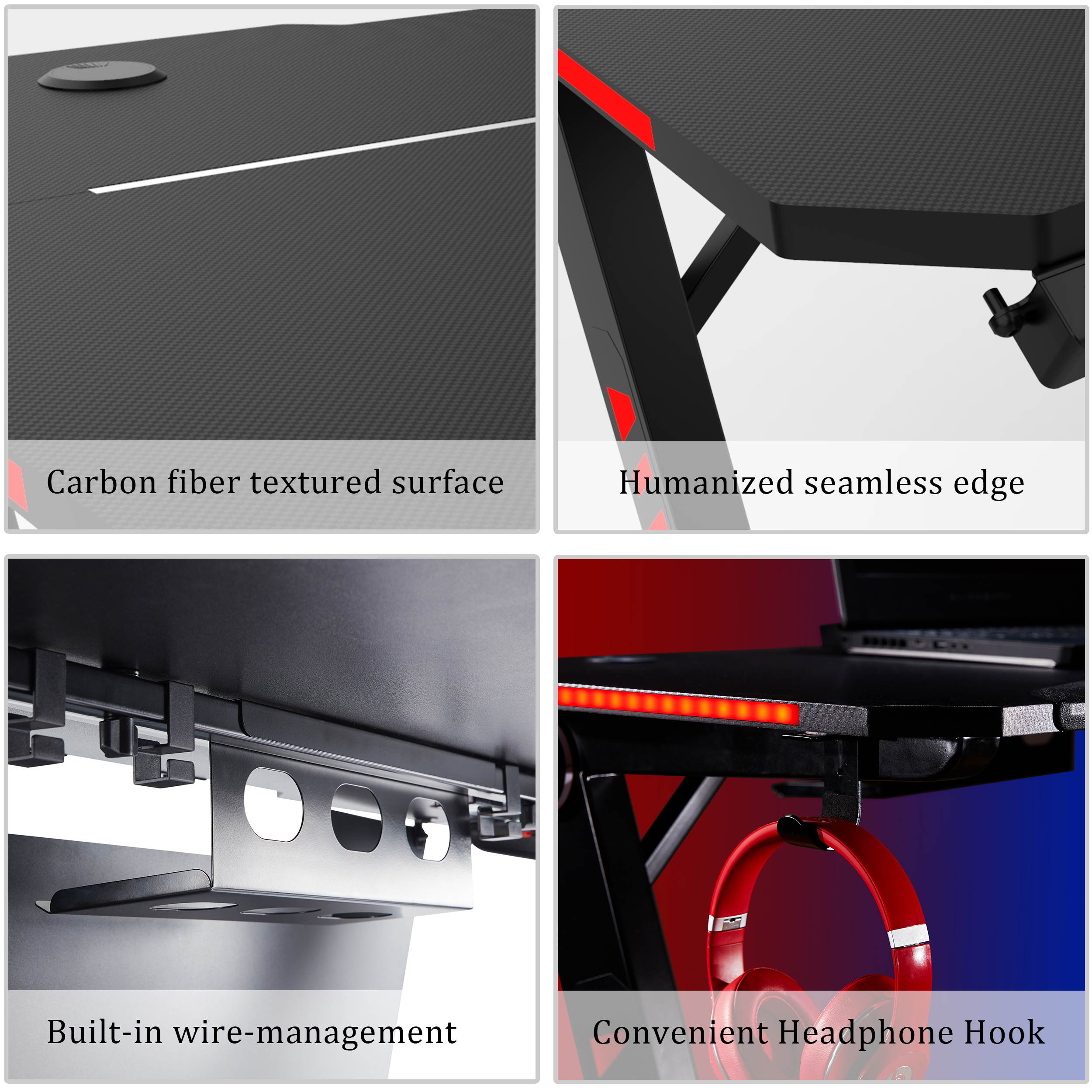 47.2"L Ergonomic Gaming Desk Z-shaped Gamer Desk Home Office Computer Desk With RGB LED Lights,PU Elbow Pad,Quick (dis)assemble Button,Carbon Fiber Surface and Headphone Hook,Black