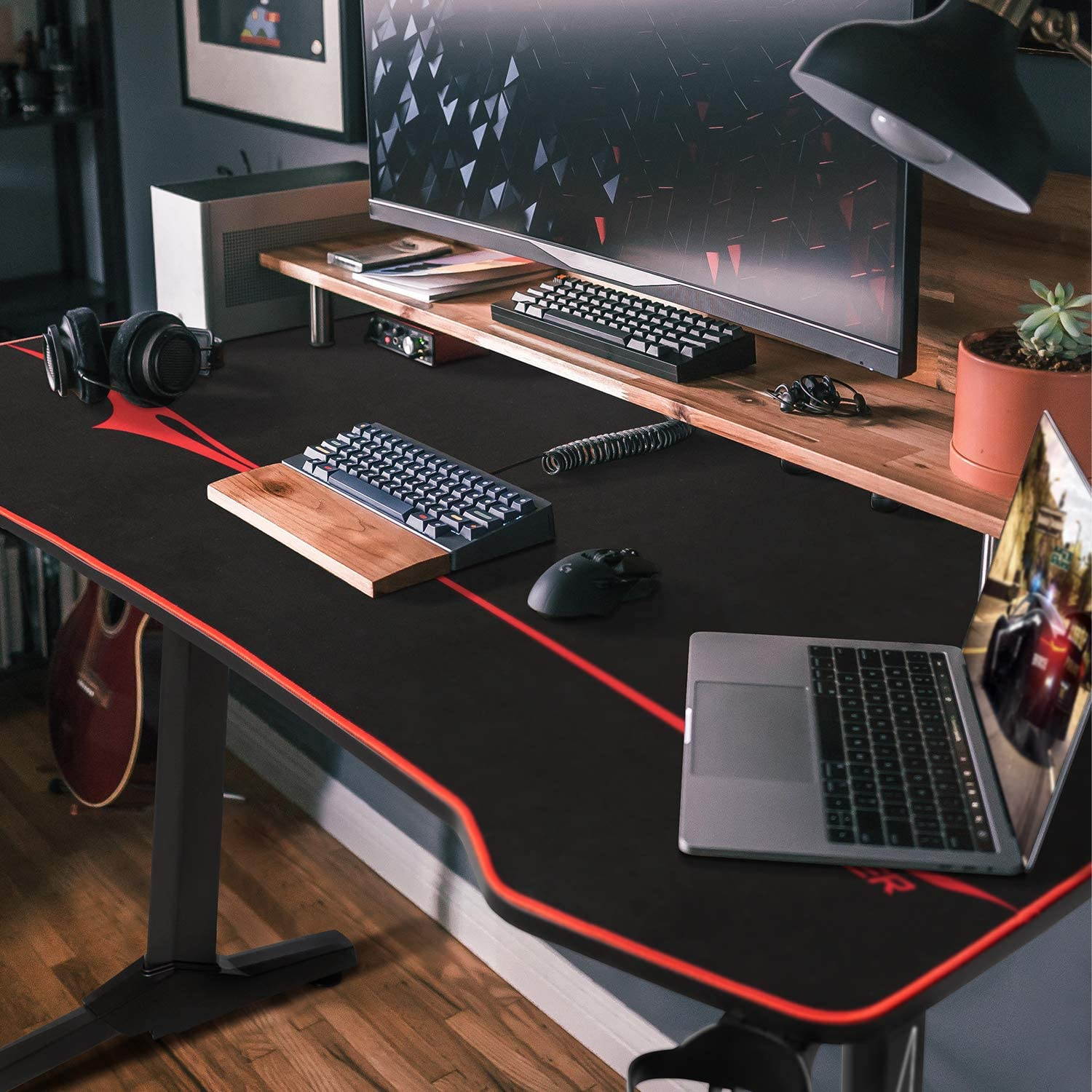 Homall 55 Inch Ergonomic Gaming Desk PC Computer Desk Home Office Table T-shaped Frame Table for Pressional Game Lover with Free Mouse Pad, Headphone Hook, Game Handle Rack and Cup Holder (Black)