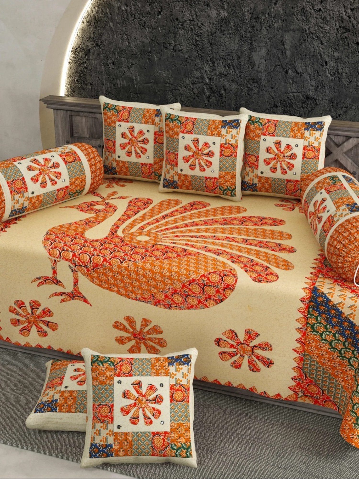 Living Roots Printed Grey 300 TC Cotton Single Diwan - Set of 8
