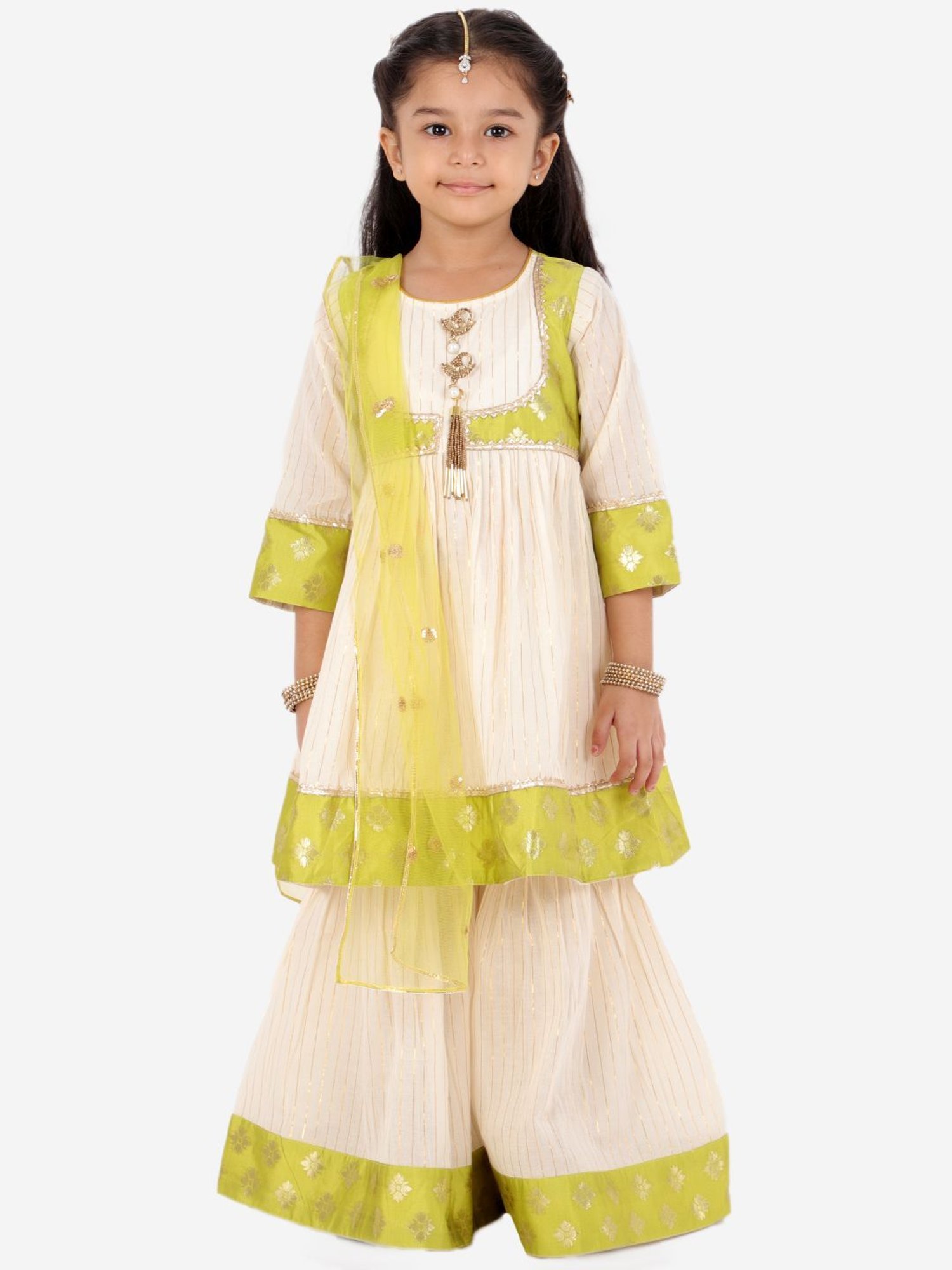 Little Bansi Kids Cream & Green Cotton Zari Work Suit Set