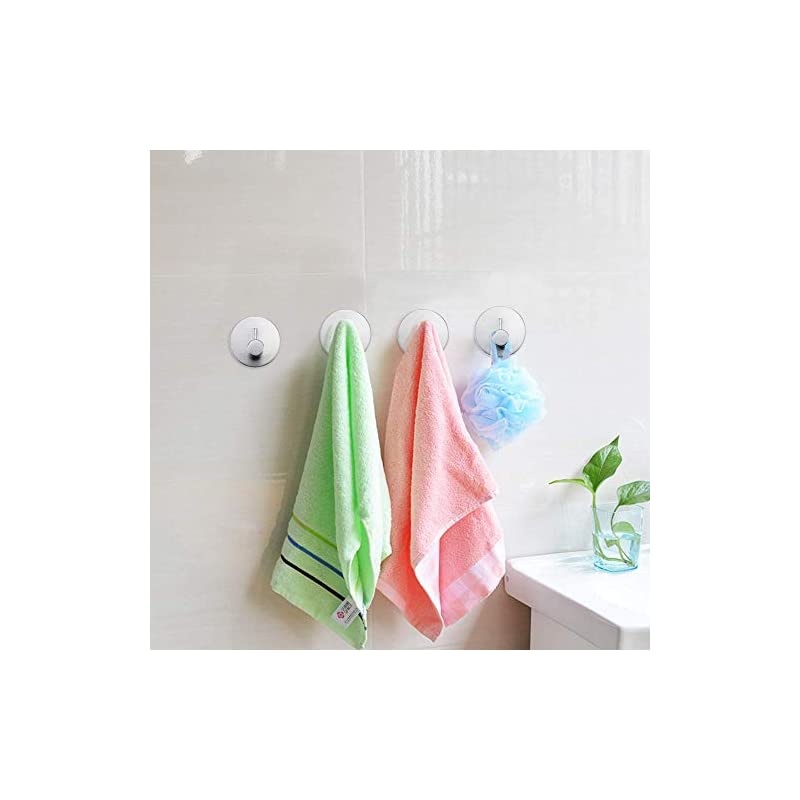 Adhesive Hooks Heavy Duty Towel Hanger Stick on Hooks for Hanging Door Cabinet Stainless Steel Towel Holders Sticky Hooks Wall Hangers-Kitchen Bathroom Home (Round Base)-4 Packs