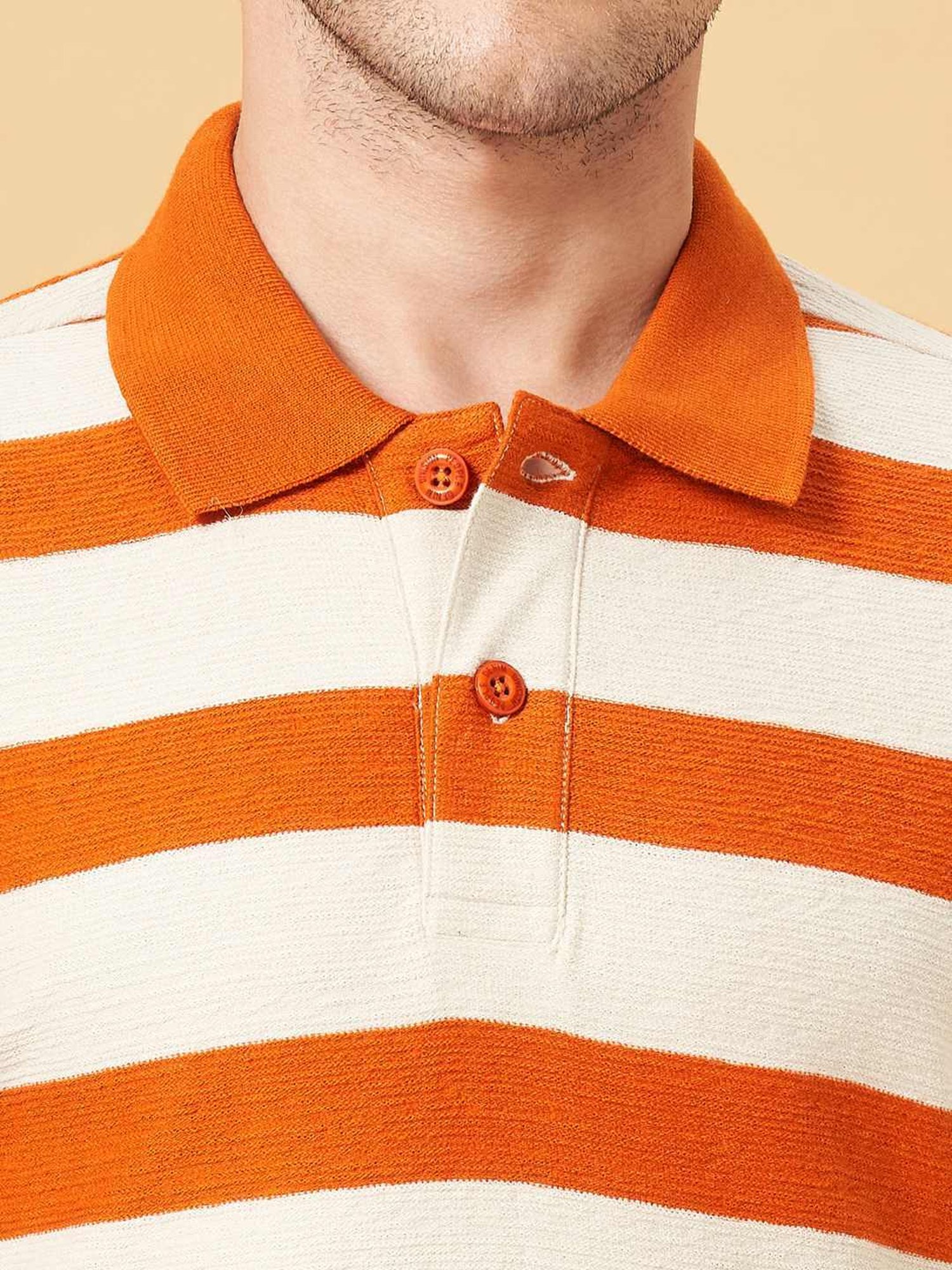 People by Pantaloons Golden Ochre Cotton Regular Fit Striped Polo T-Shirt