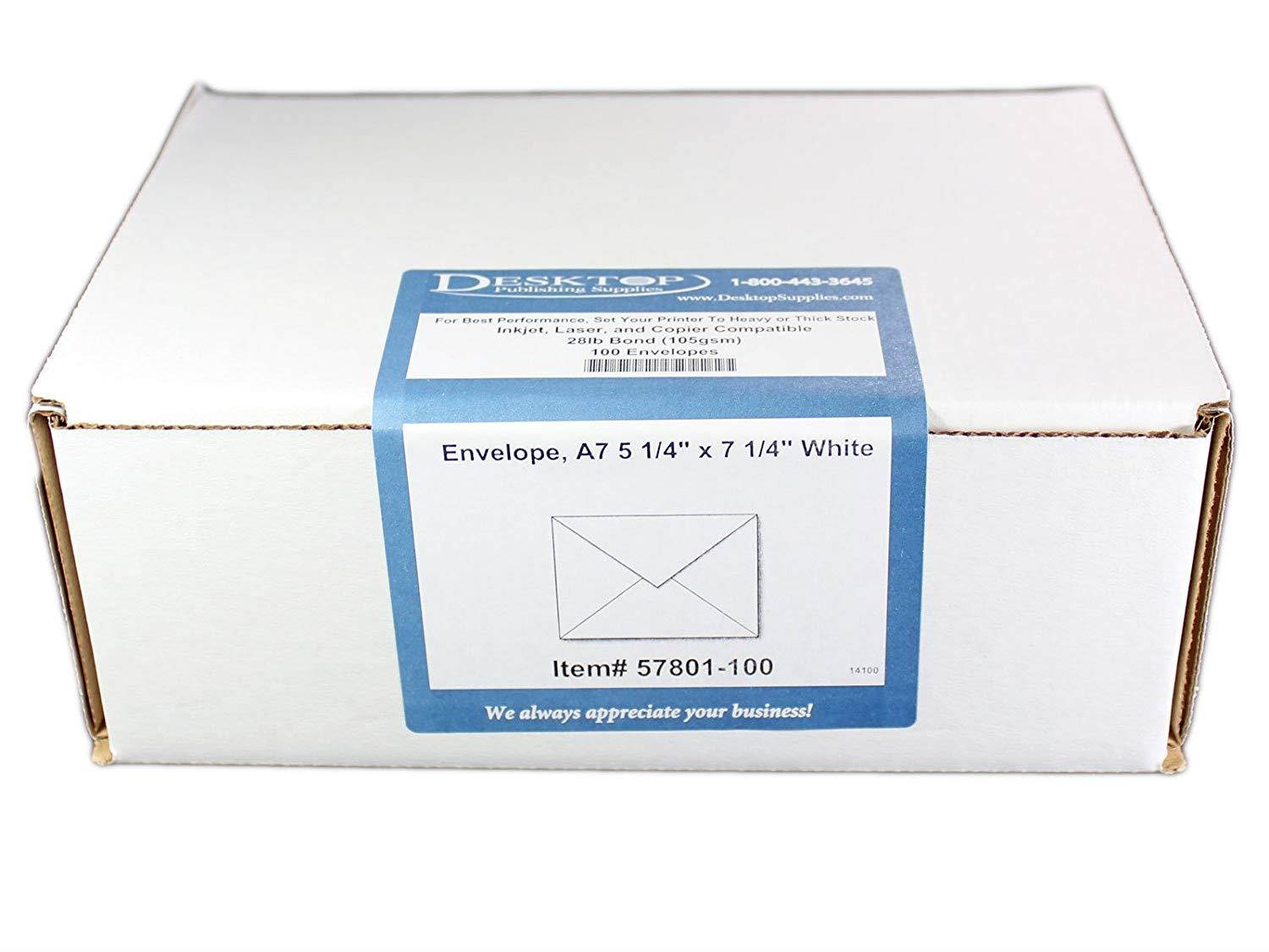 A7 Heavyweight 28lb White Envelopes 5 1/4" x 7 1/4" Pointed Flap - 100 Envelopes - Desktop Publishing Supplies&trade; Brand Envelopes