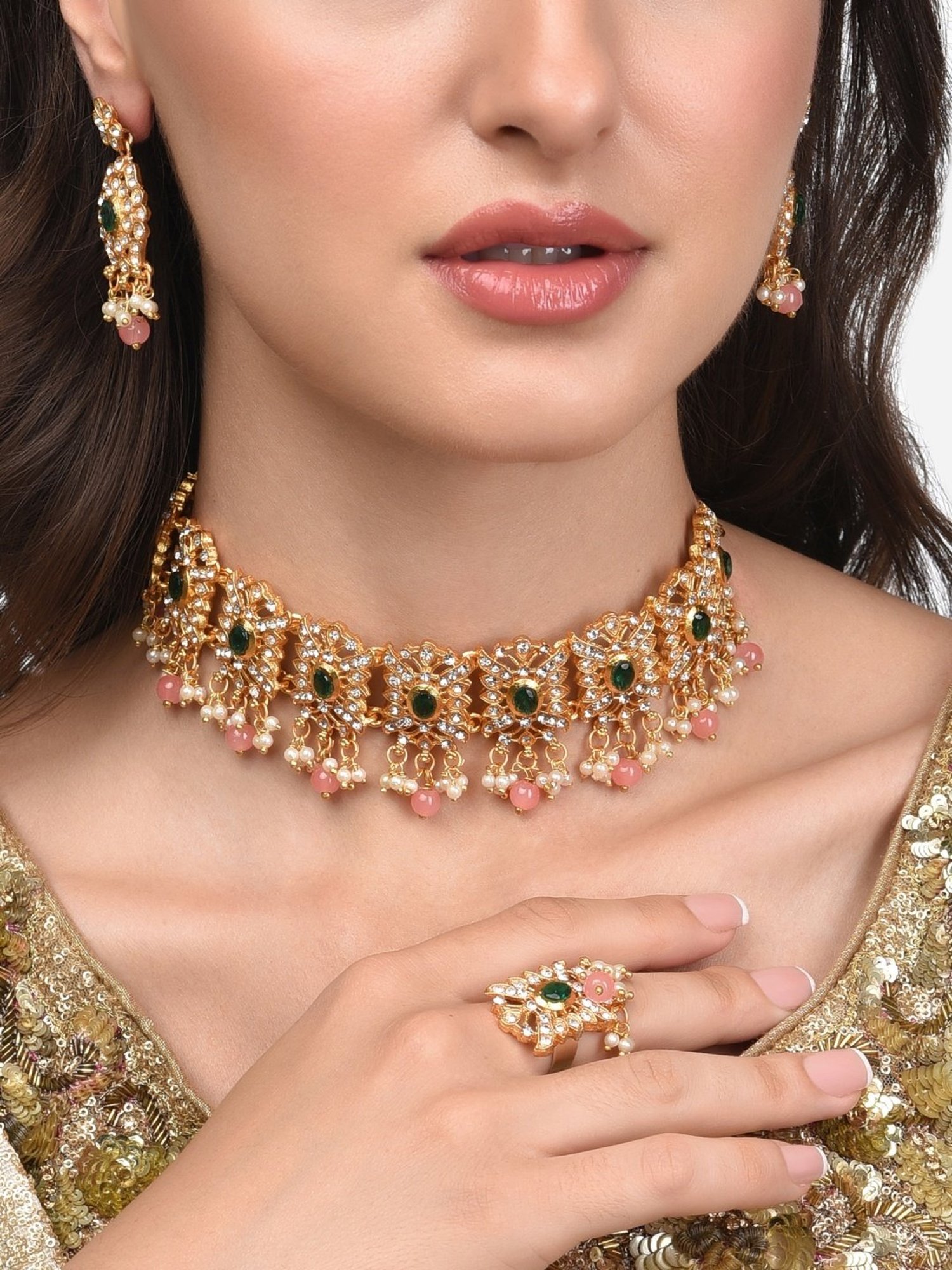 Zaveri Pearls Green & Pink Stones Traditional Choker Necklace Earring & Ring Set-ZPFK13803