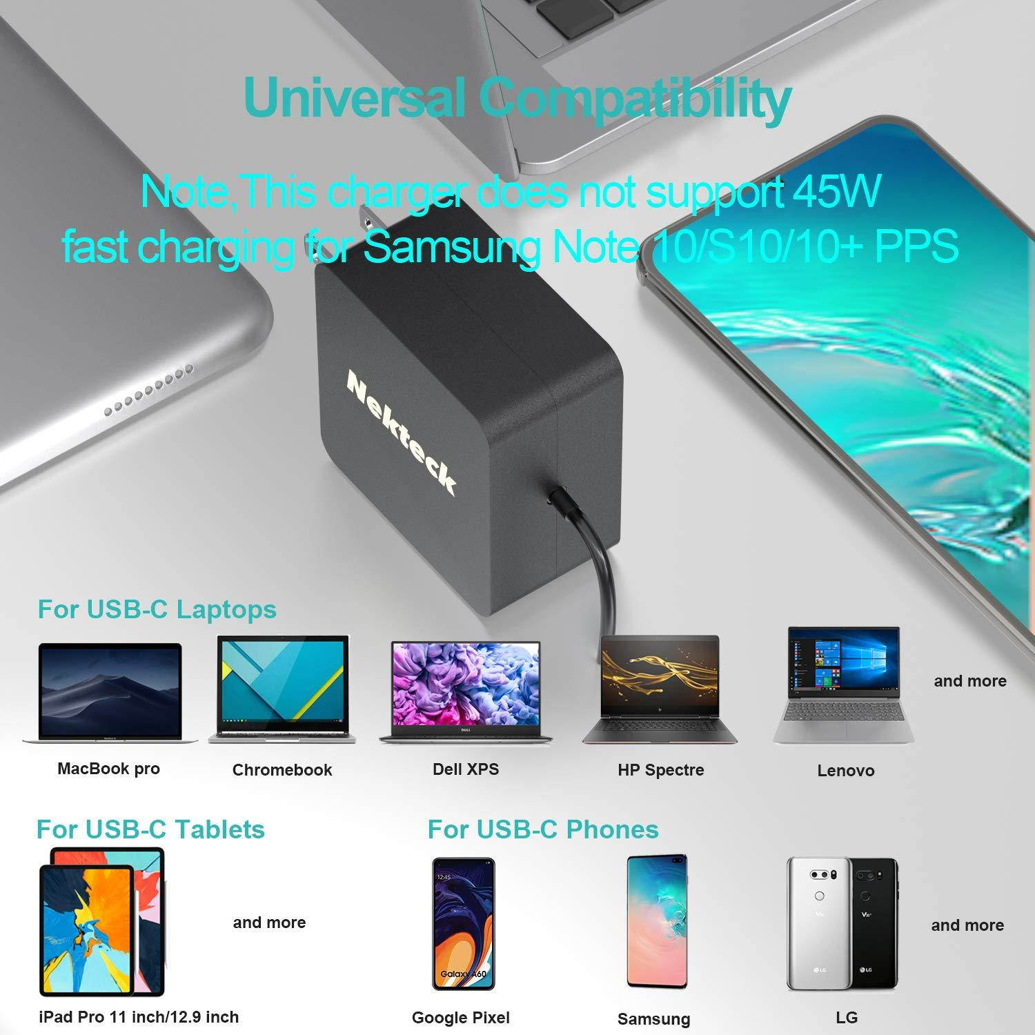 Nekteck 45W USB C Wall Charger with Power Delivery, Laptop Fast Charging Adapter Built-in 6ft Type C Cable for MacBook, Dell XPS, Surface Go, Pixel, Galaxy, Nintendo (Black)