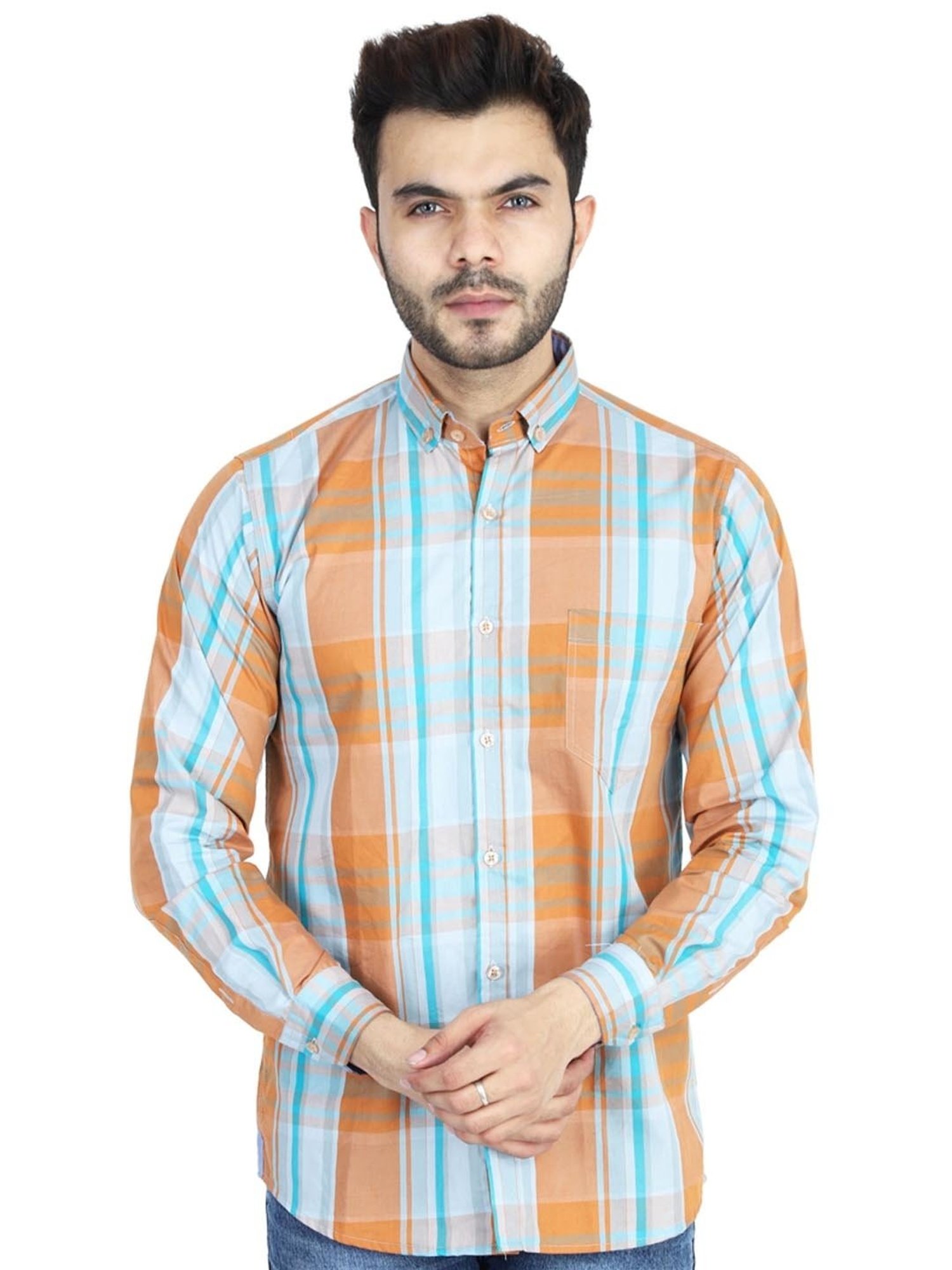 TAHVO Orange Cotton Slim Fit Checks Shirt