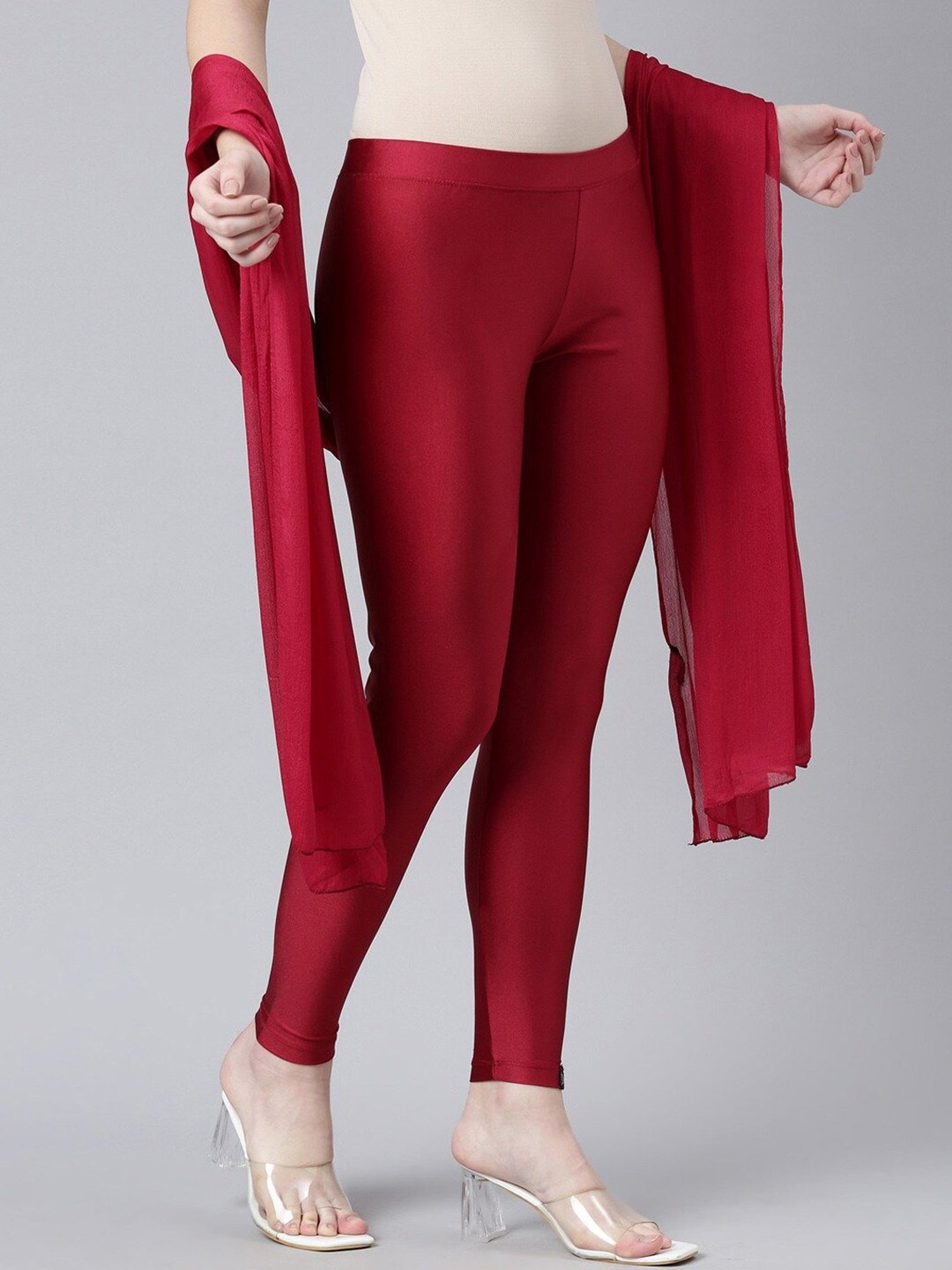 TWIN BIRDS Maroon Plain Leggings With Dupatta