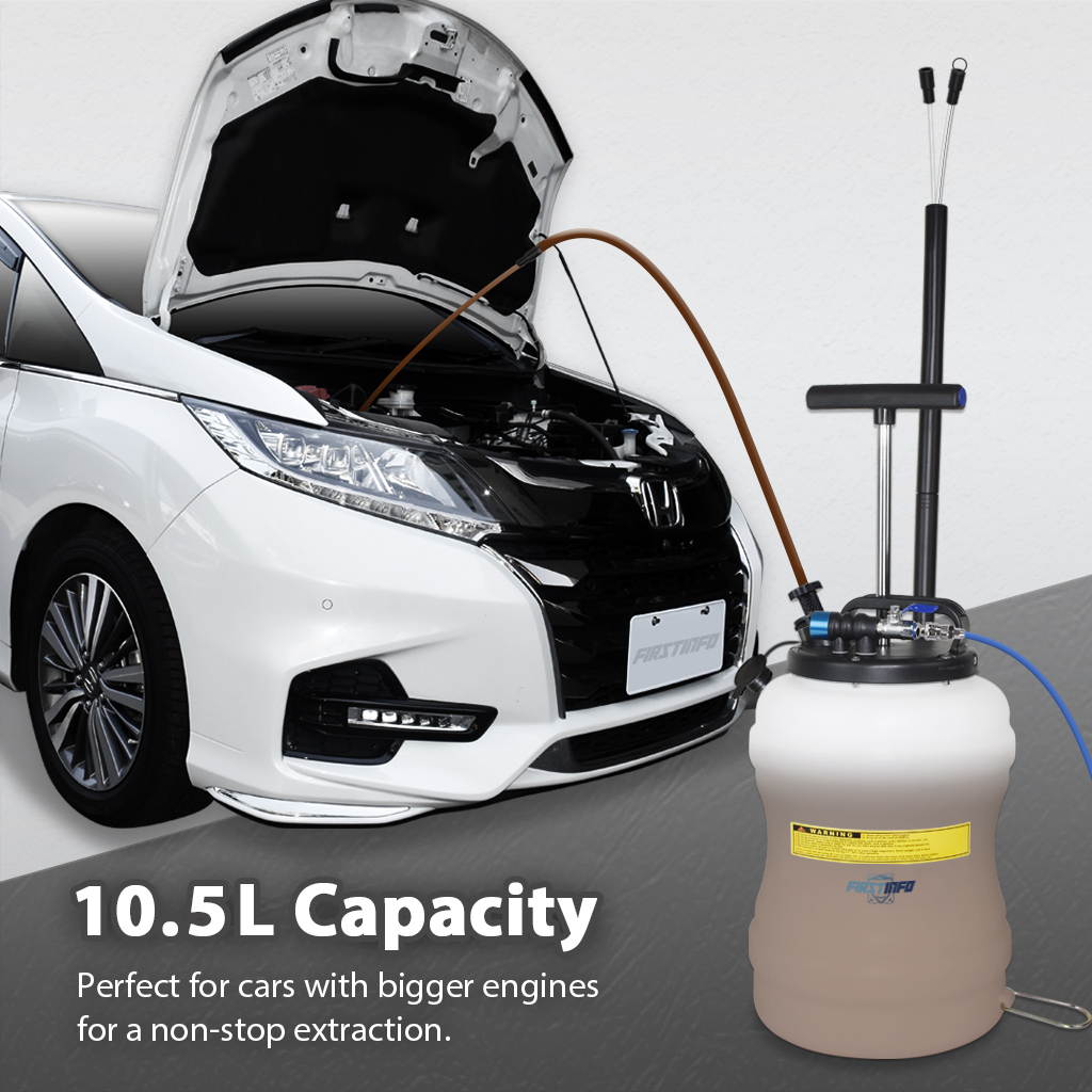 FIRSTINFO Upgraded 10.5 Liter Pneumatic/ Manual Oil Extractor/ Vacuum Pump Oil Changer w/ 6.5ft Brake Fluid Hose with Check Valve + Hoses Storage + Dust Cover