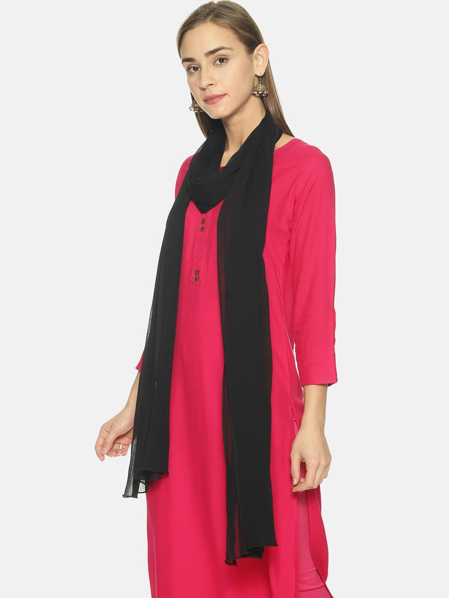 TWIN BIRDS Black & Red Plain Dupatta - Pack Of 2