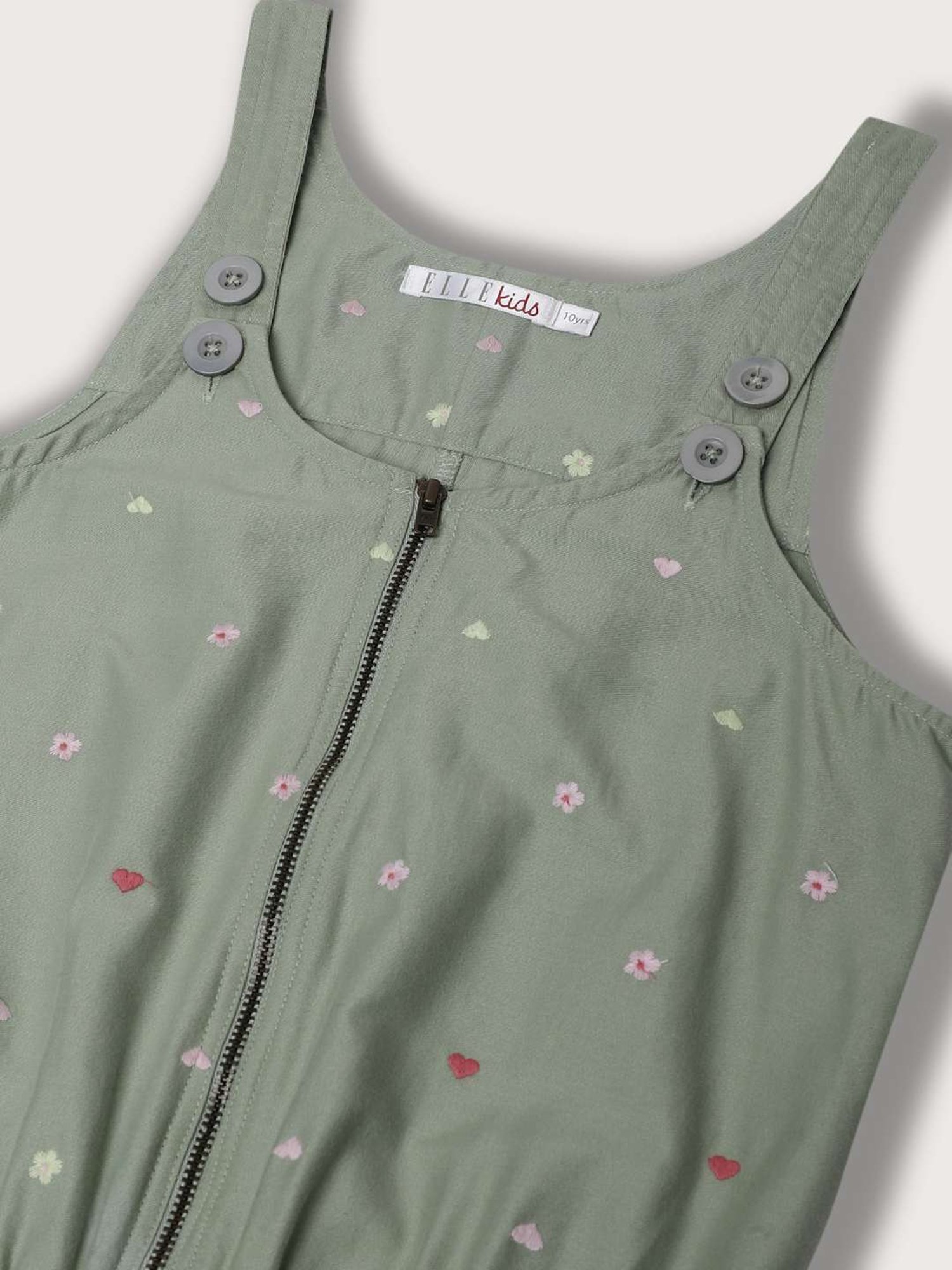Elle Kids Olive Cotton Embroidered Jumpsuit
