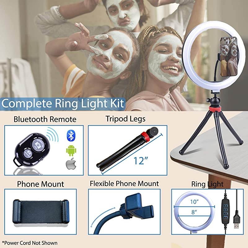12" LED Selfie Ring Light with Desktop Phone Tripod, Compatible with iPhone & Android, 3 Color Modes, Premium Adjustable Camera Stand, Flexible Legs, Wireless Bluetooth Remote, USB Powered