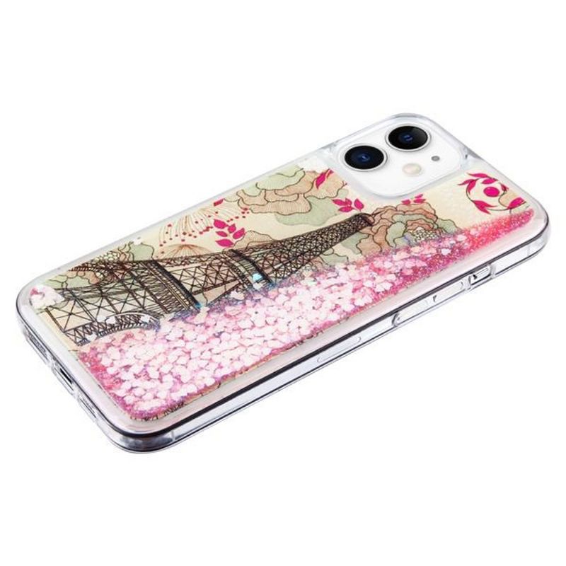 Airium Quicksand Glitter Hybrid Protector Case Compatible With Apple iPhone 12 Mini (5.4") - Eiffel Tower & Pink Hearts