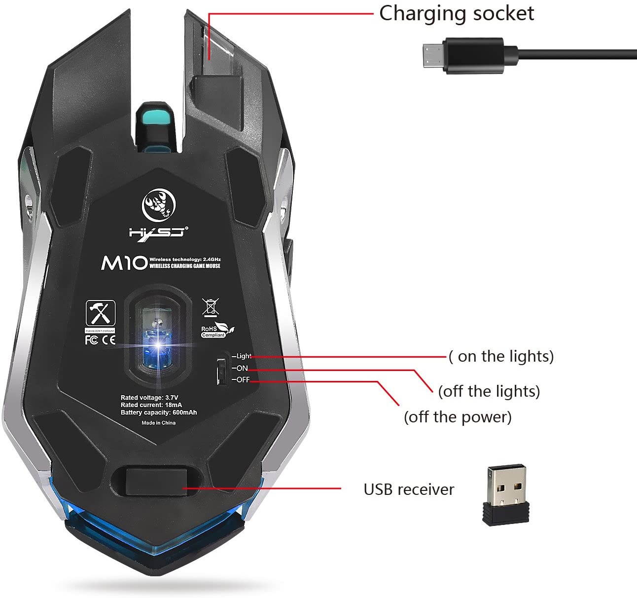 Rechargeable 2.4Ghz Wireless Mouse with USB Receiver, 7 Colors Backlit Gaming Mice for MacBook, Computer PC, Laptop (600Mah Lithium Battery) (Black)