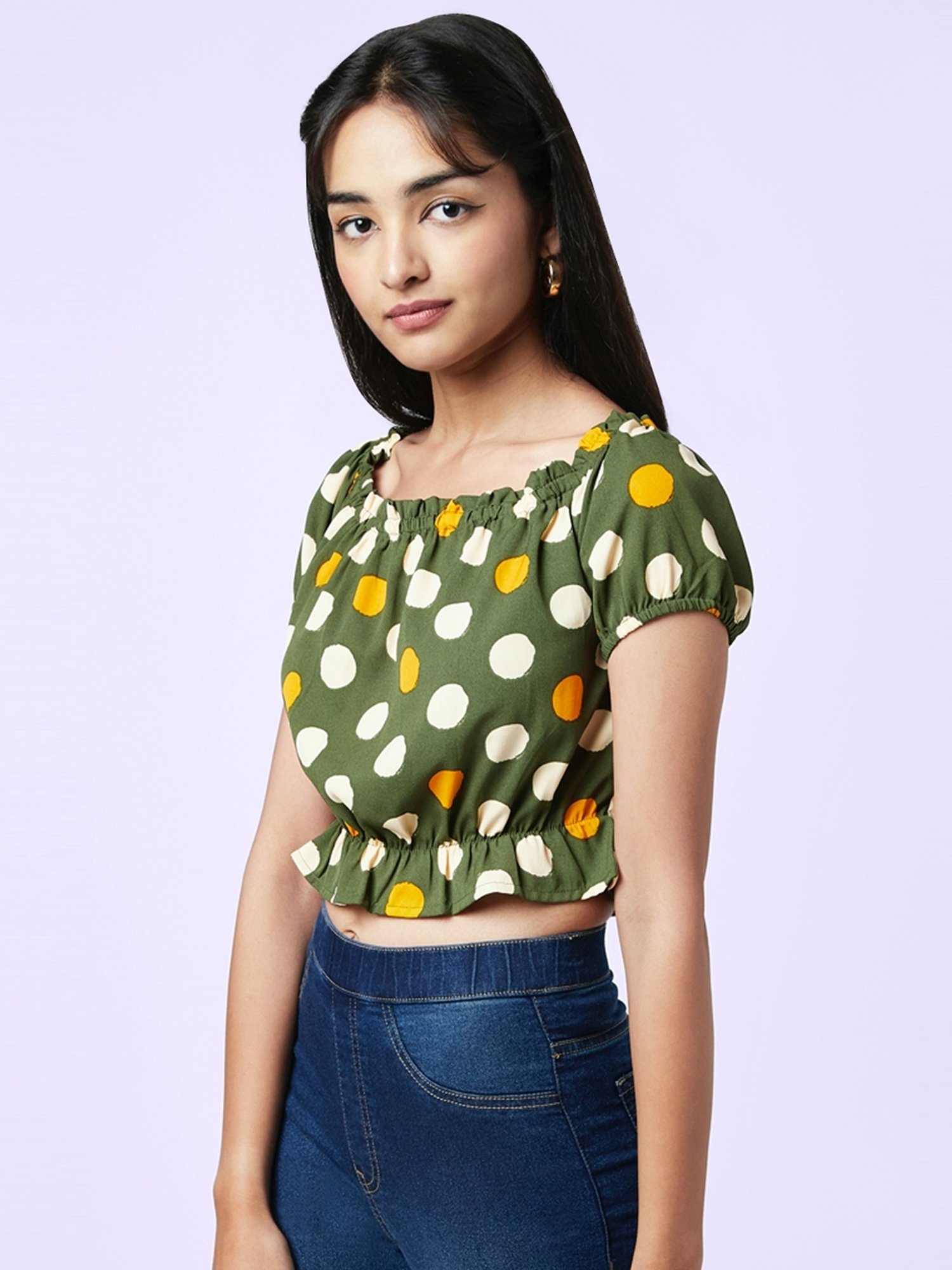 YU by Pantaloons Green Cotton Polka Dots Crop Top