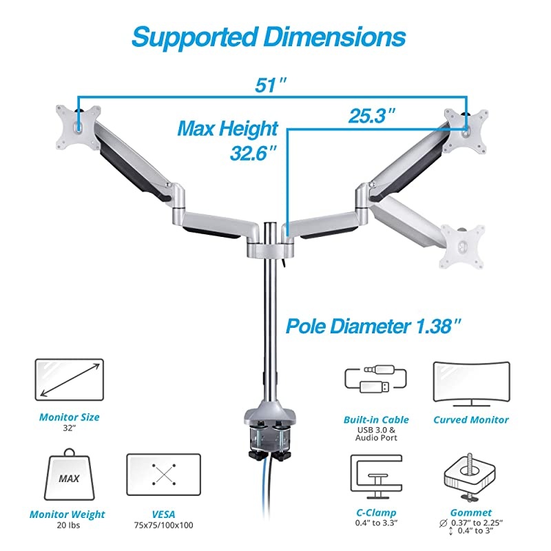Dual 13"-32" Monitor Arm Desk Mount fits Two Flat/Curved Monitor Full Motion Height Swivel Tilt Rotation Adjustable Monitor Arm - Extra Tall Pole/VESA/C-Clamp/Grommet/Cable Management