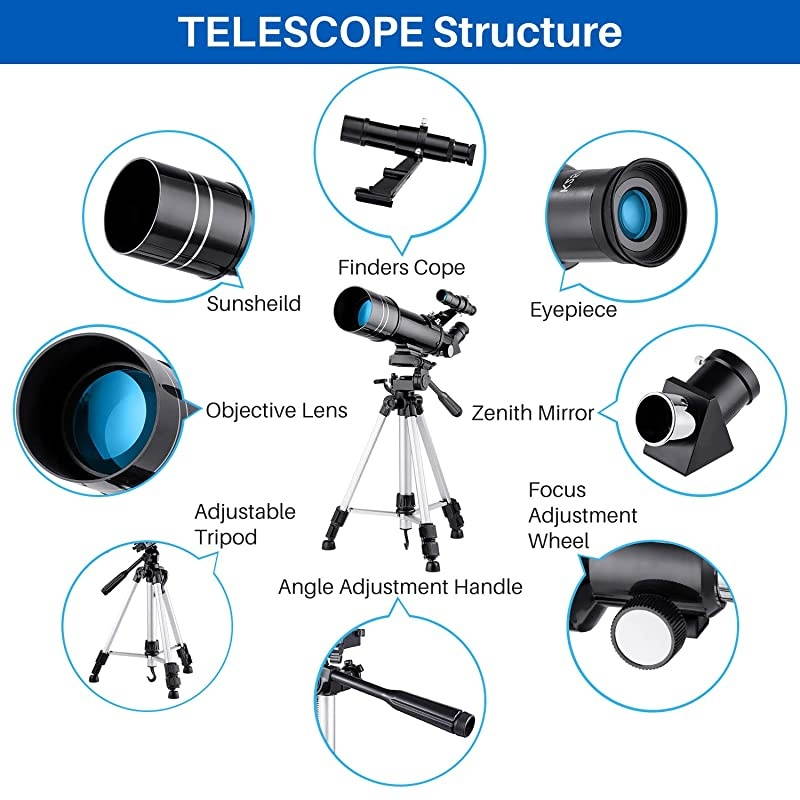 70mm Portable Refractor Telescope & HD Binoculars, Fully Coated Glass Optics, Ideal Telescope for Kids Beginners, with Adjustable Tripod Smartphone Adapter Moon Filter and Carry Bag