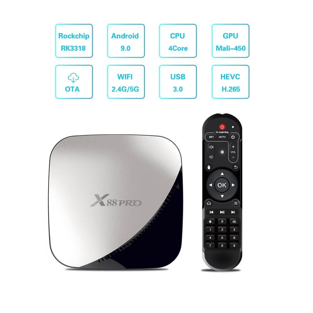 X88 PRO Smart Android 9.0 TV Box Rockchip RK3318 Quad Core 64 Bit UHD 4K VP9 H.265 4GB / 64GB 2.4G / 5G WiFi HD Media Player Remote Control