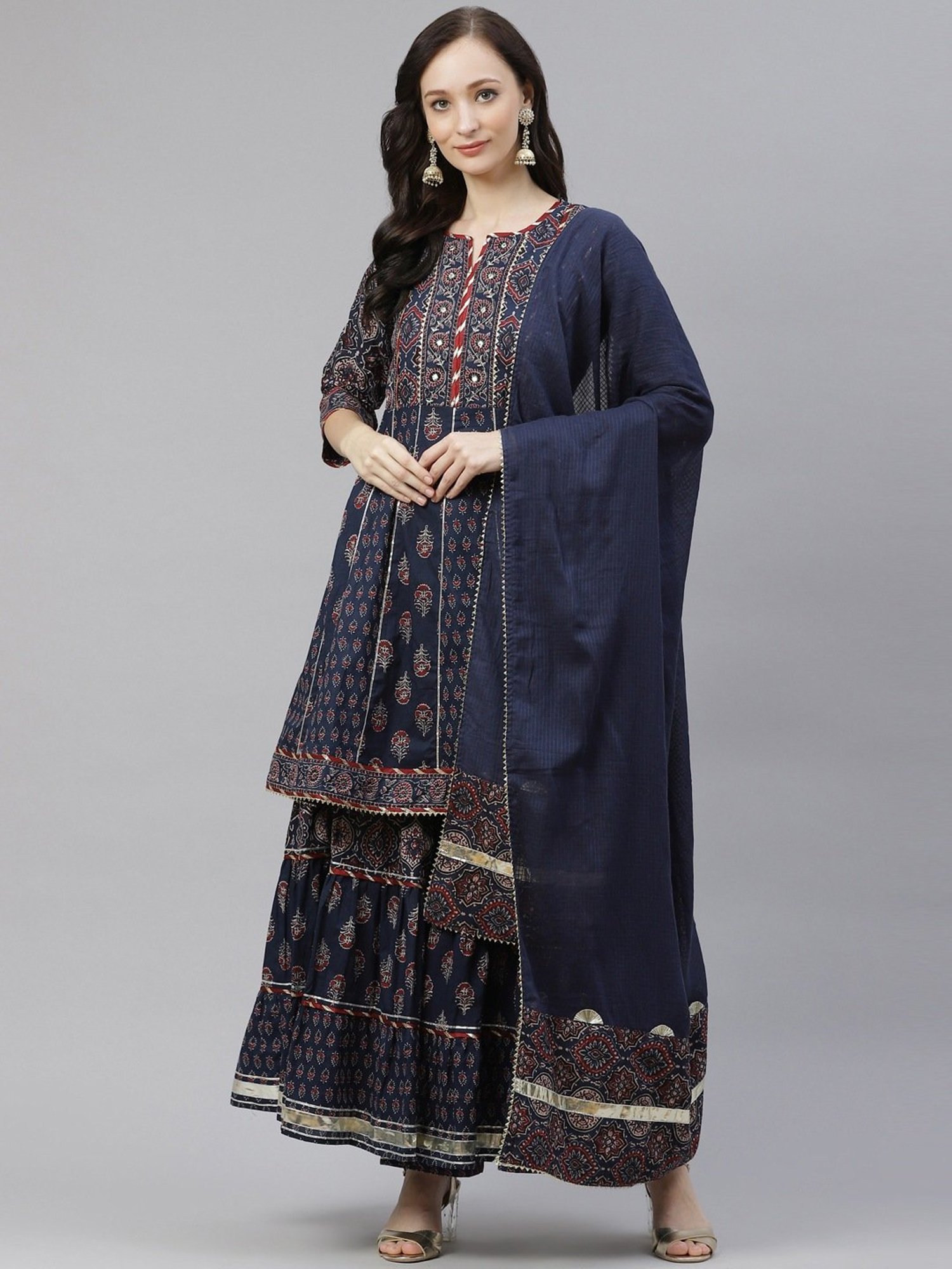 Divena Blue Cotton Embroidered Kurta Sharara Set With Dupatta
