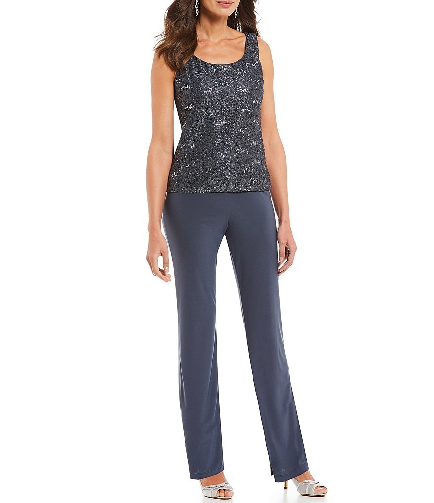 R & M Richards 3-Piece Sequin Glitter Scallop Lace Duster Pant Set