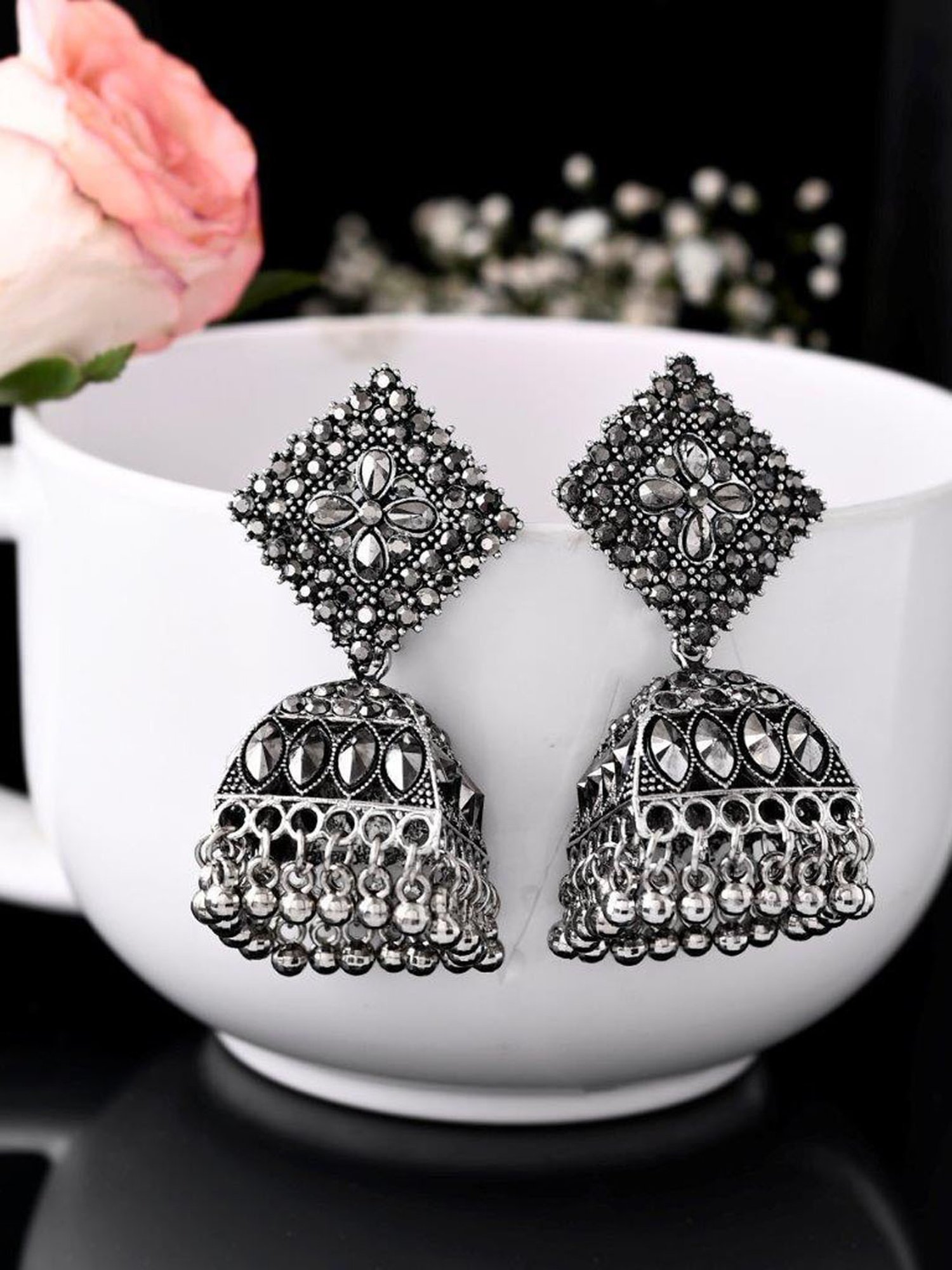VOJ Black-Toned AD Studded Dome Shaped Jhumkas Earrings for Women