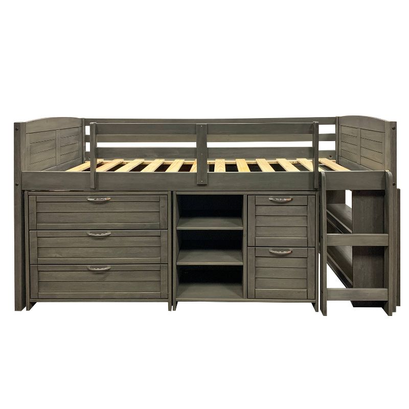 Louver Low Loft Bed with 3+2 Drawer Chest, Shelves and Bookcase Antique Gray - Donco Kids
