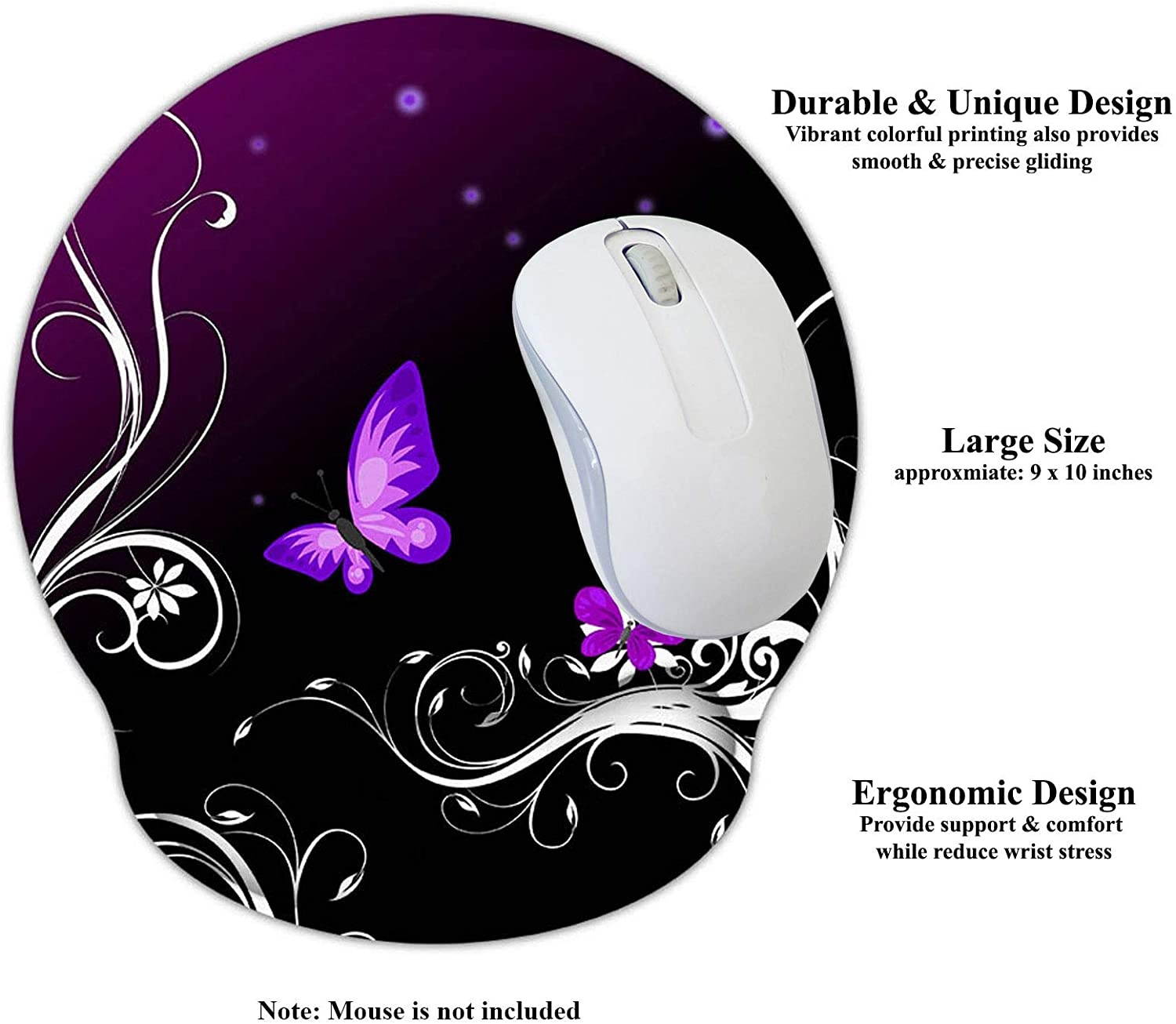 Meffort Inc Mouse Pad with Wrist Rest Support & Non-Slip Base, Durable Ergonomic Gaming Mousepad - Dark Purple Butterfly