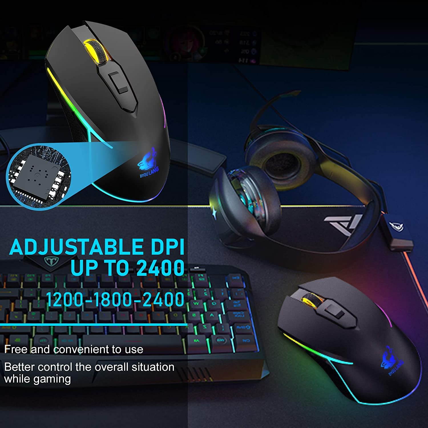 Wireless Gaming Mouse with 2.4Ghz USB Receiver Rainbow RGB Backlight Adjustable DPI Silent Click Rechargeable Ergonomic 6 Buttons Gaming Mouse for Computer Laptop PC Mac Gamer Office Use