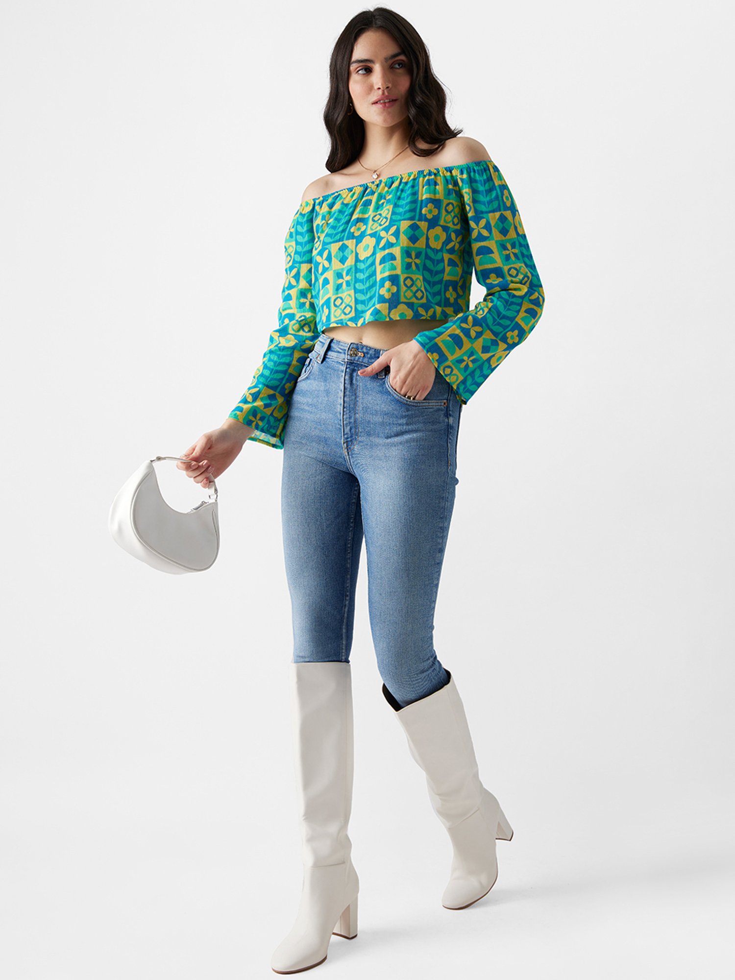 The Souled Store Blue Cotton Printed Crop Top