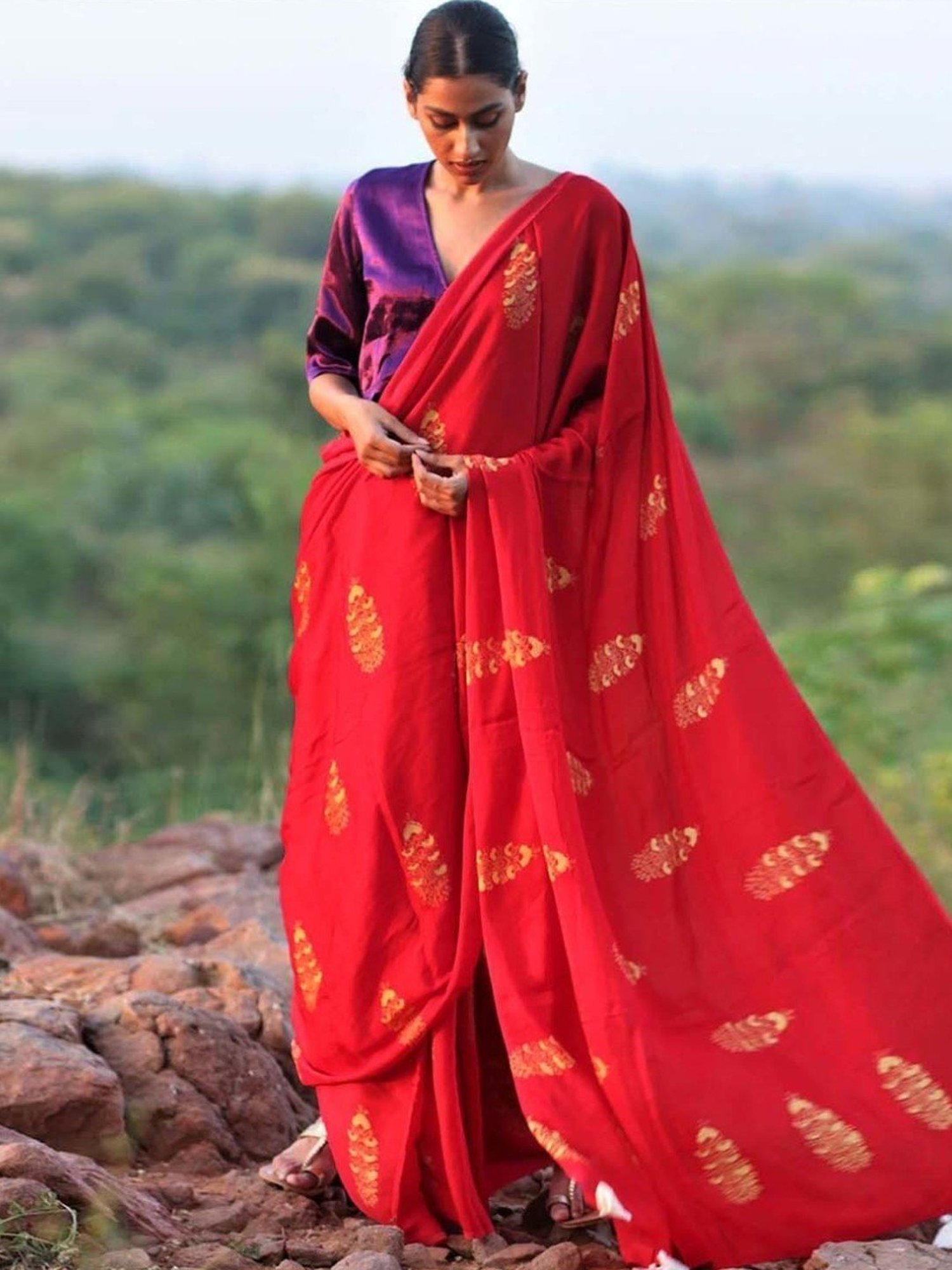 Chidiyaa Red Rang Block Printed Modal Silk Saree
