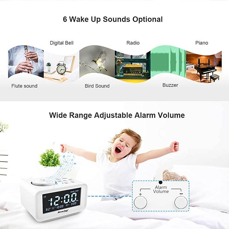 Dual Alarm Clocks Radio with Dimmer Dual USB Charging Ports 6 Wake up Sounds Adjustable Alarm Volume Snooze Thermometer Display FM Radio with Sleep Timer Small Size for BedroomsWhite