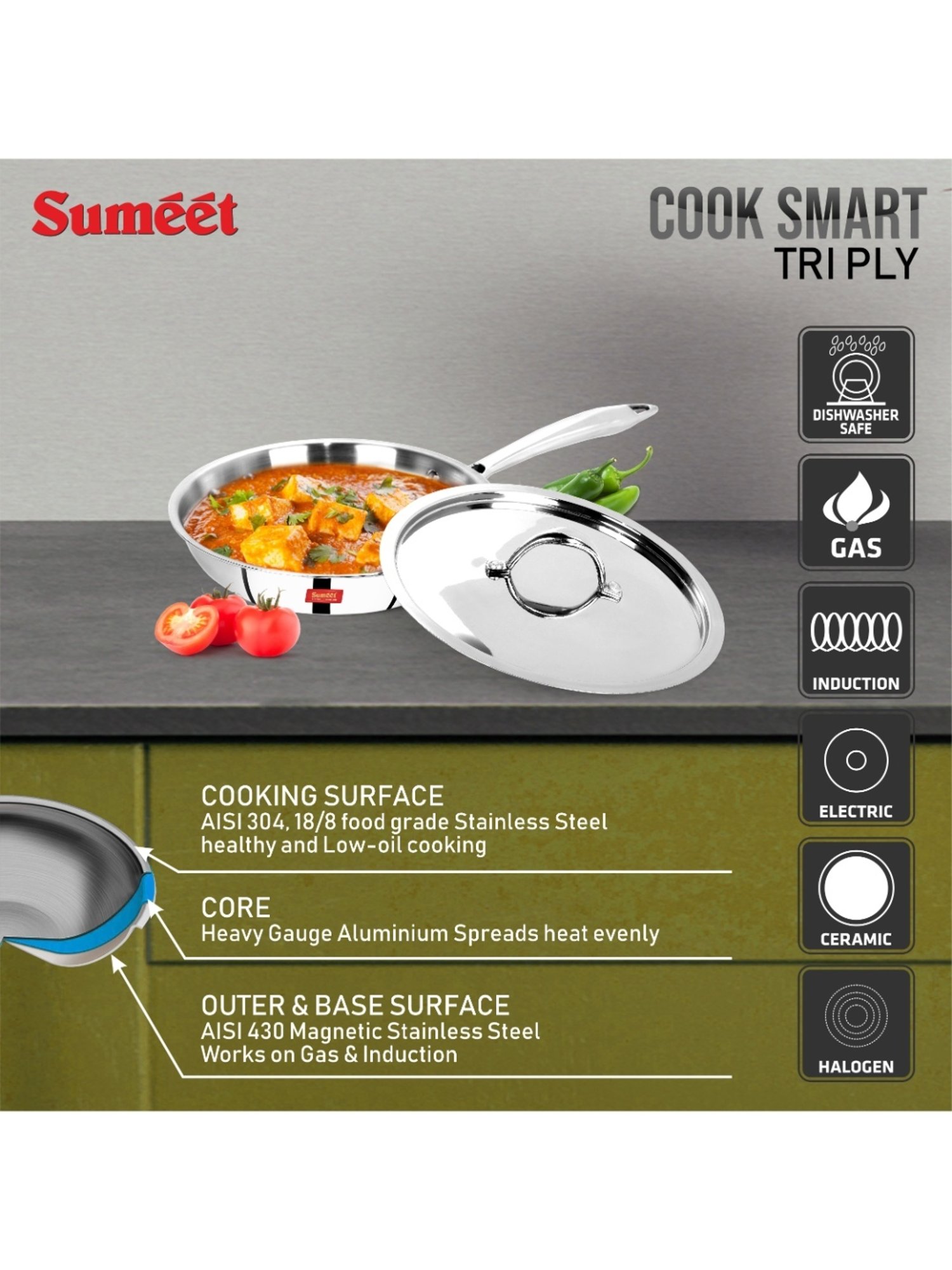 Sumeet Cook Smart TriPly SAS (Steel-Aluminium-Steel - 3 Layers) Fry Pan with Lid - 1.4 Ltr - 23.6Cm