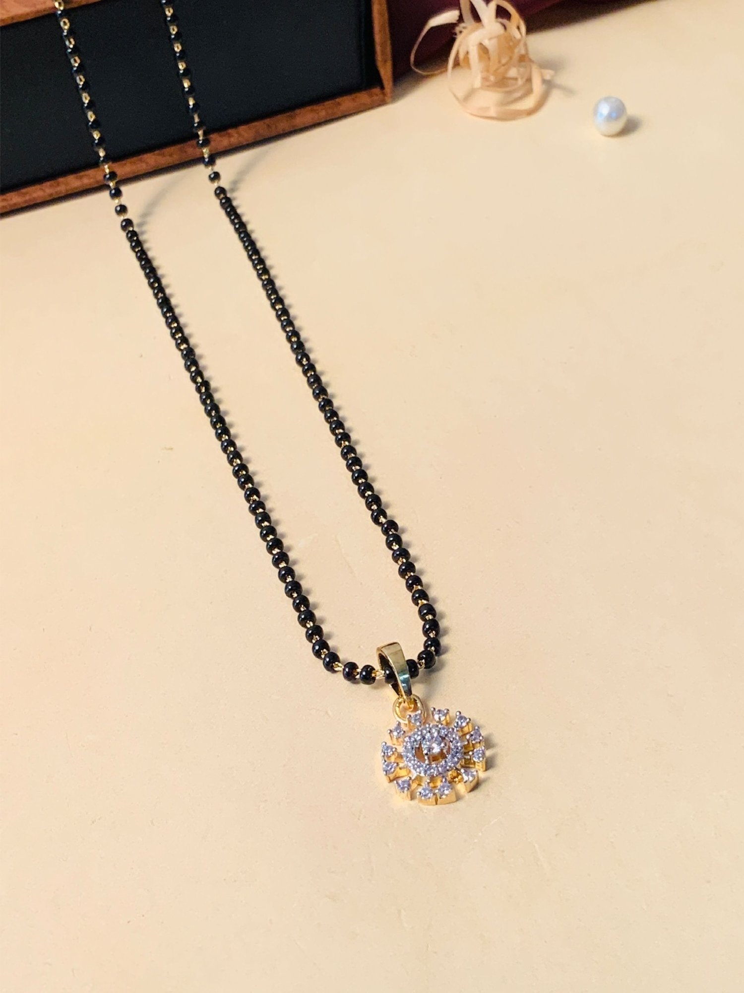 Abdesigns Gold-Plated American Diamond & Black Beaded Mangalsutra