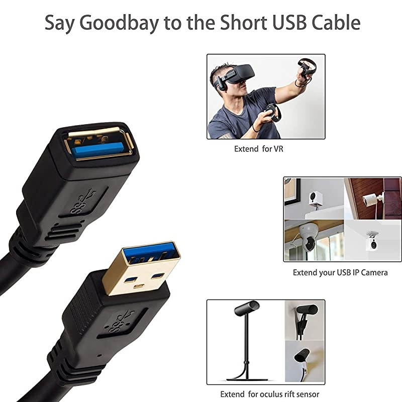Short USB 3.0 Extension Cable 2 ft, USB 3.0 Super Speed Type A Male to Female USB Extension Cord for USB Flash Drive, Card Reader, Hard Drive, Keyboard,Playstation, Xbox, Oculus VR, Printer, Ca