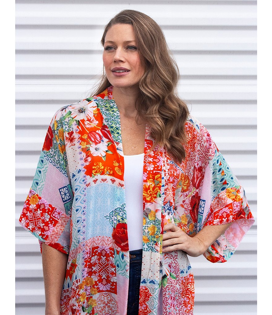 Karyn Seo Alva Patch Print Open Front 3/4 Sleeve Chiffon Kimono