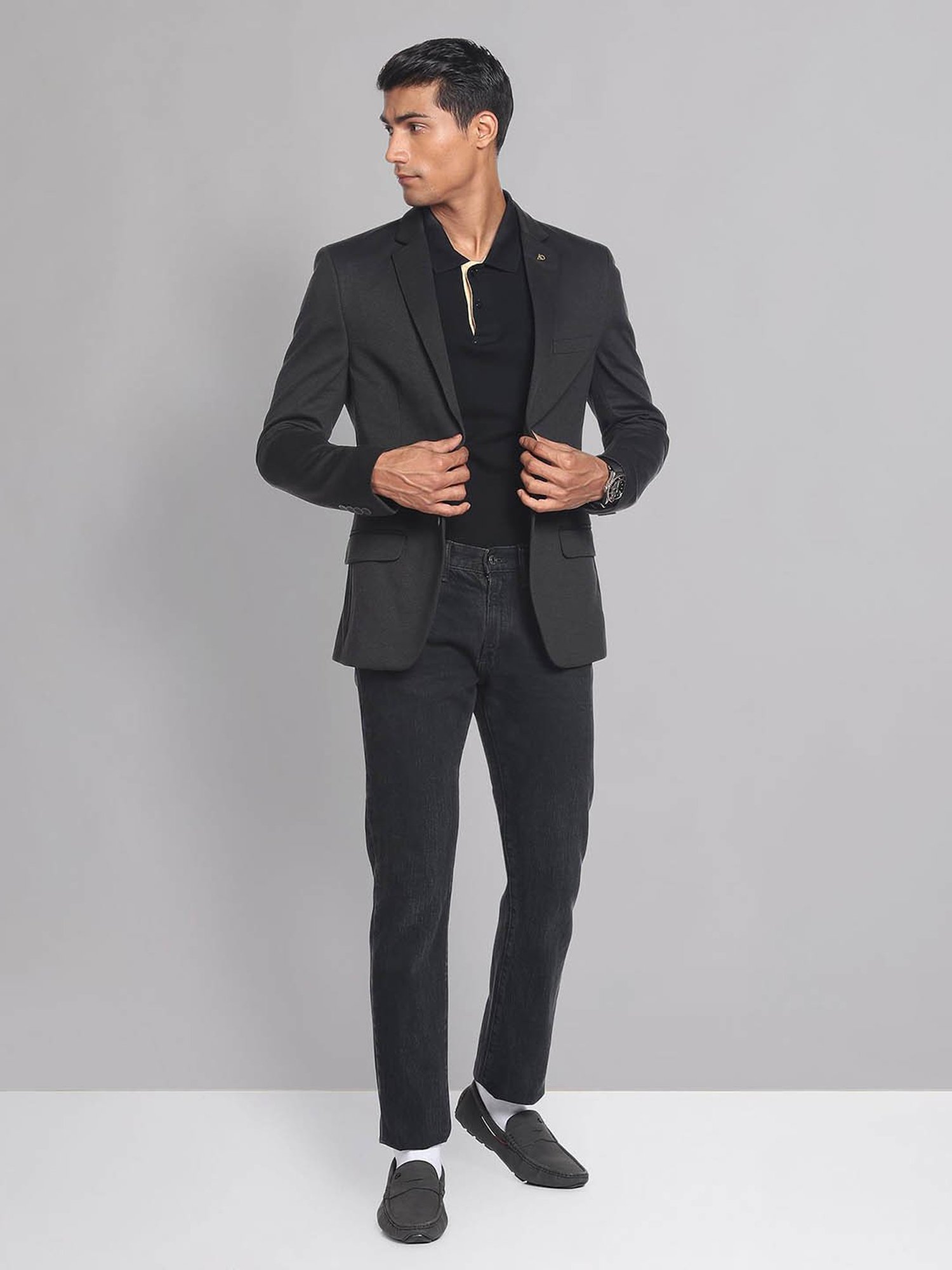 AD by Arvind Black Slim Fit Self Design Blazer