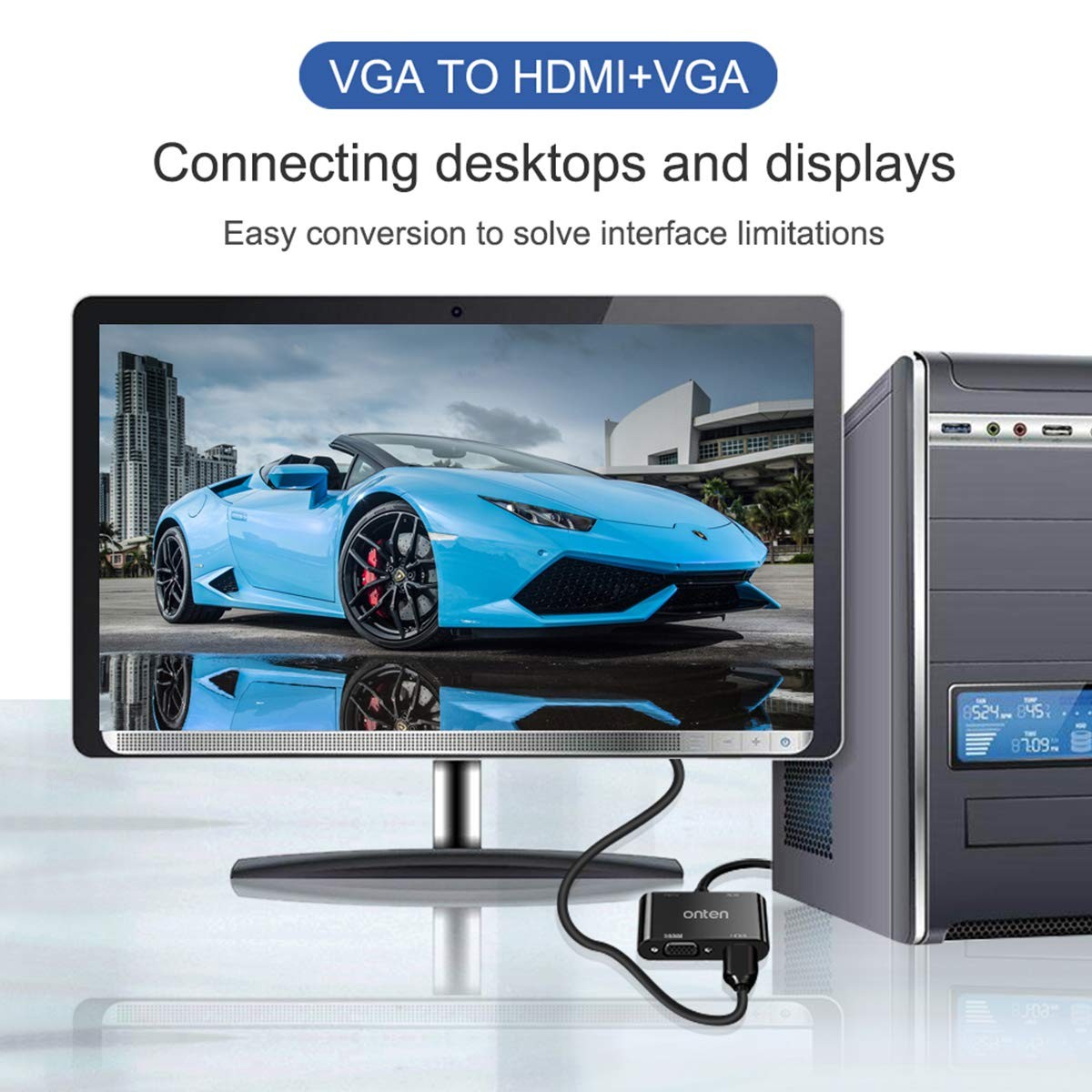 VGA to HDMI VGA Adapter, Onten VGA Splitter 1 VGA in HDMI VGA 2 Out (VGA HDMI Interface Display at The Same time), VGA to HDMI VGA Adapter for Computer, Desktop, Laptop, PC, Monitor, Projector
