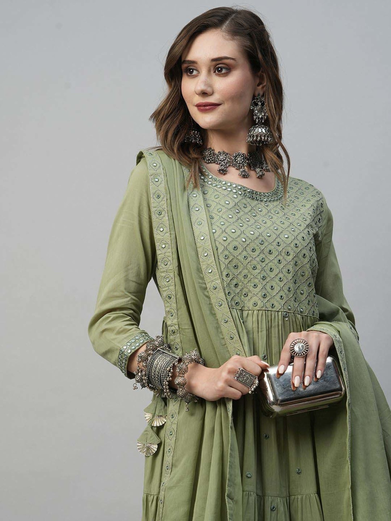 Heeposh Green Cotton Embroidered Dress With Dupatta