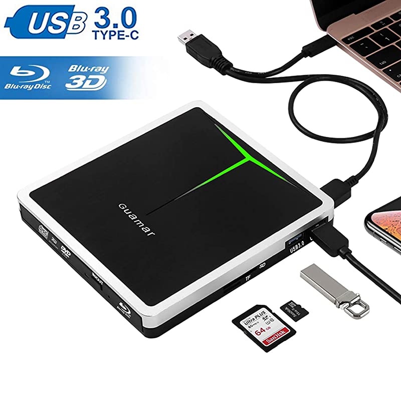 External Bluray DVD Drive, USB 3.0 and Type-C Blu-Ray Writer Portable DVD Burner Slim 3D Bluray BD CD DVD Drive Player for Laptop Mac OS PC Desktop Windows Support SD/TF Card Reader