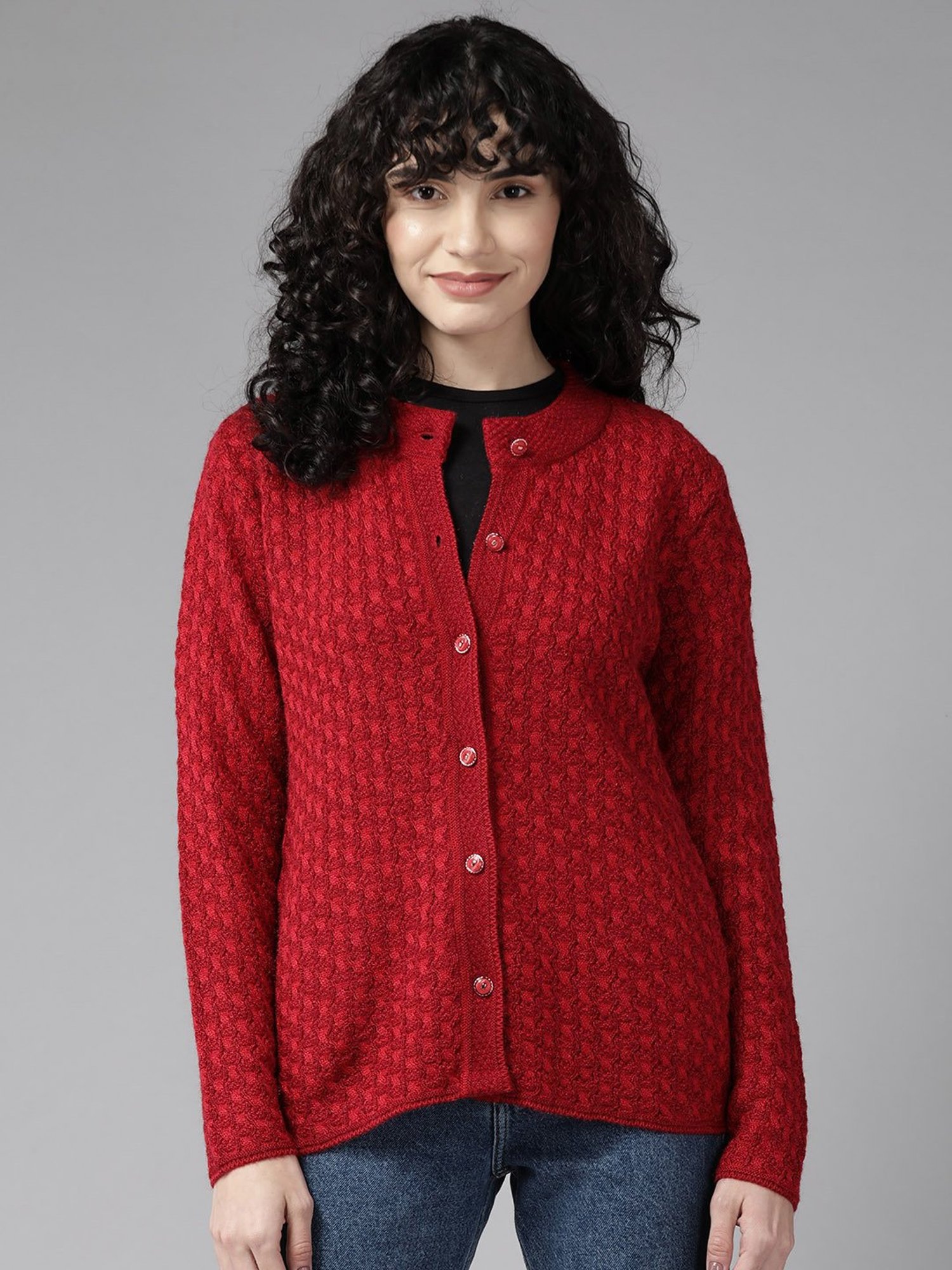 Cayman Red Woolen Cable Knit Cardigan