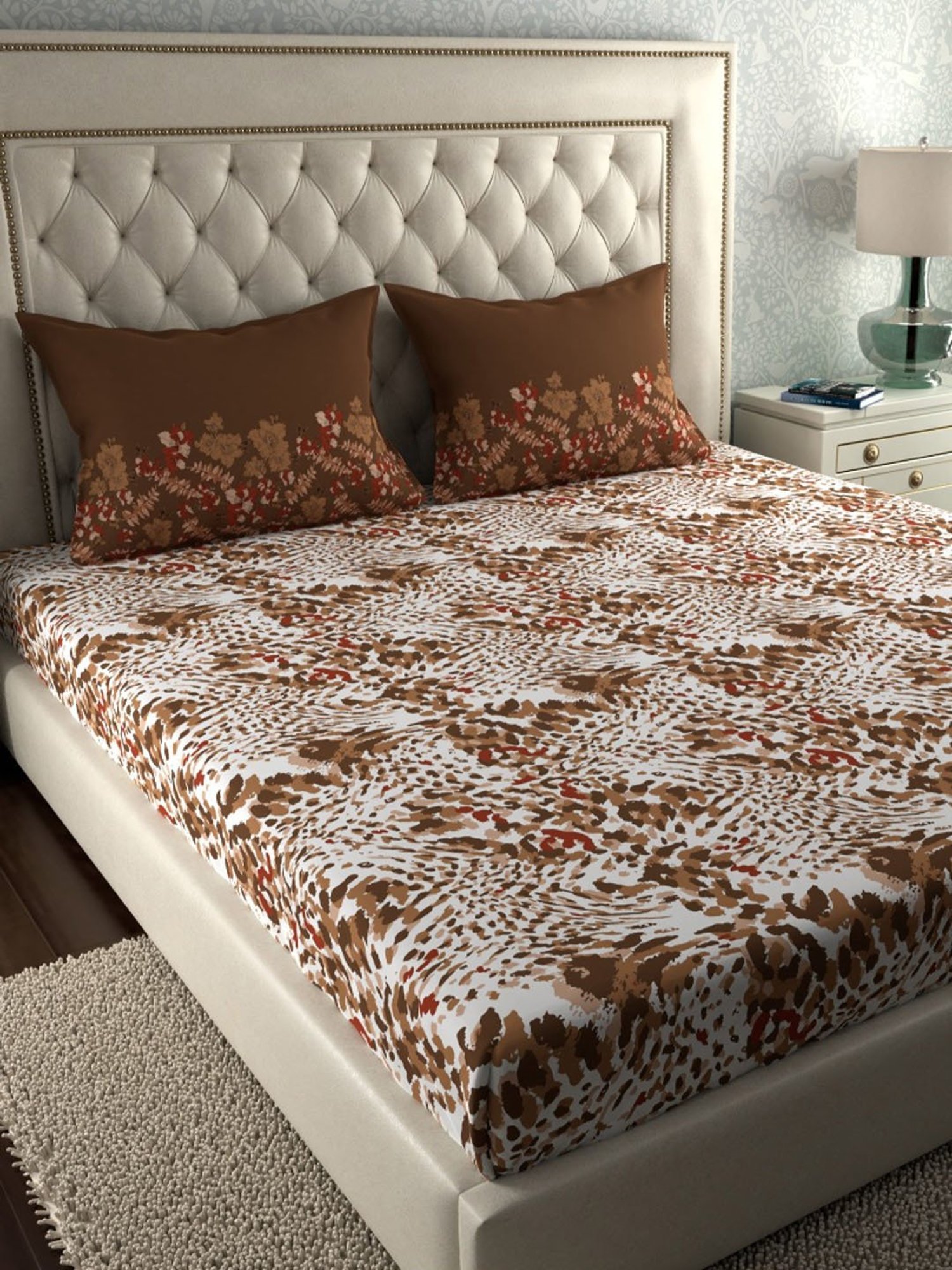 Trident Simply Modern Abstract Brown 120 TC Cotton Queen Bed Sheet with 2 Pillow Covers