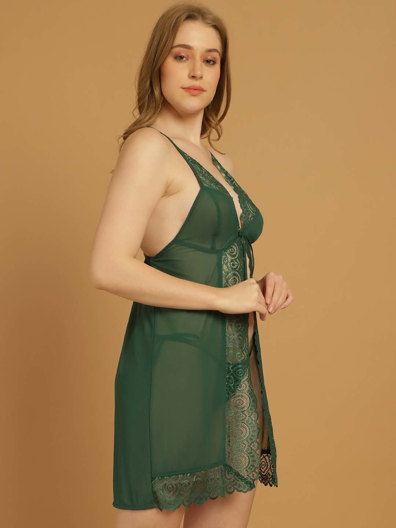 Stylee LIFESTYLE Green Lace Work Babydoll With Brief