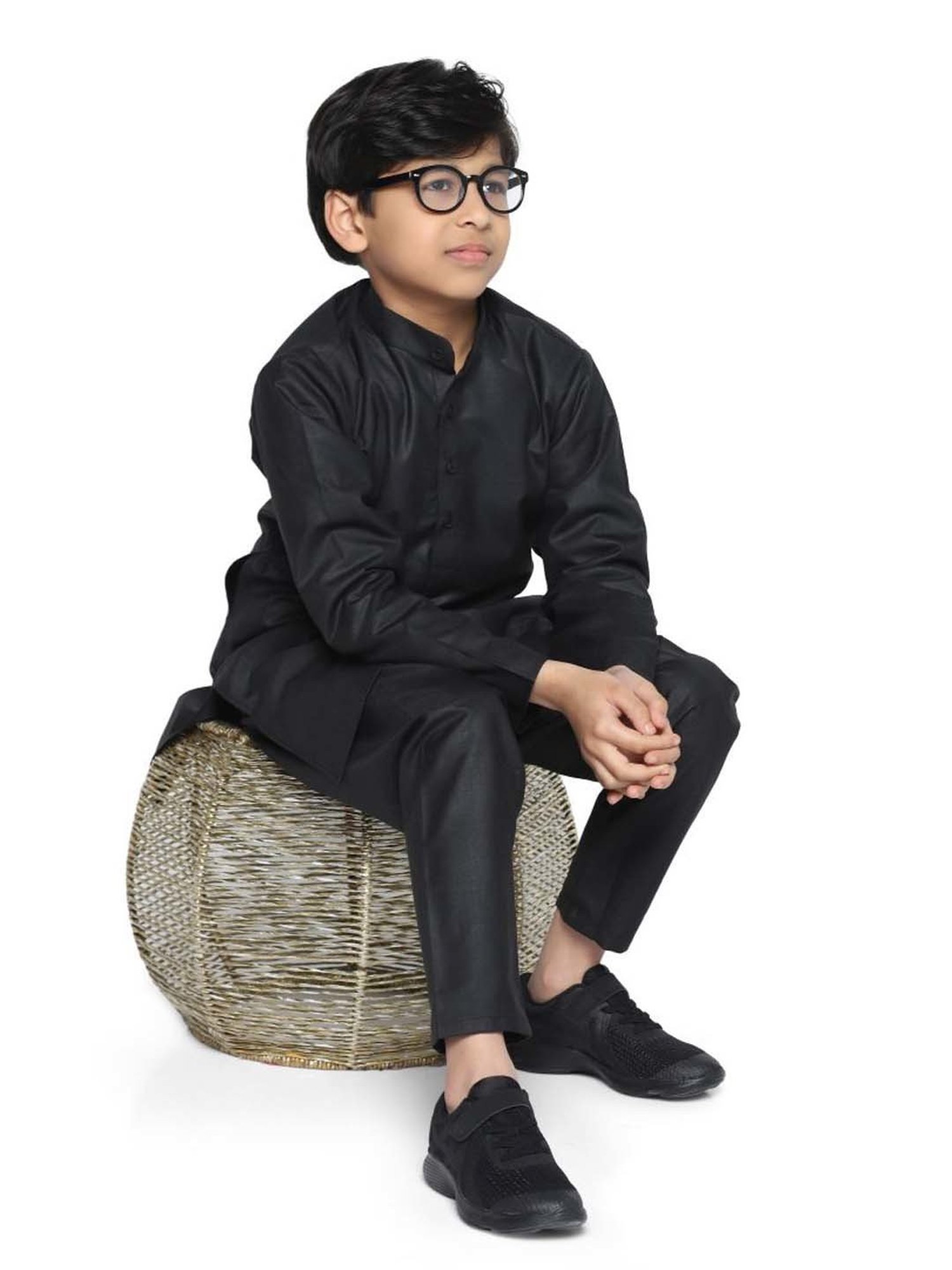 TAHVO Kids Black Slim Fit Full Sleeves Kurta Set