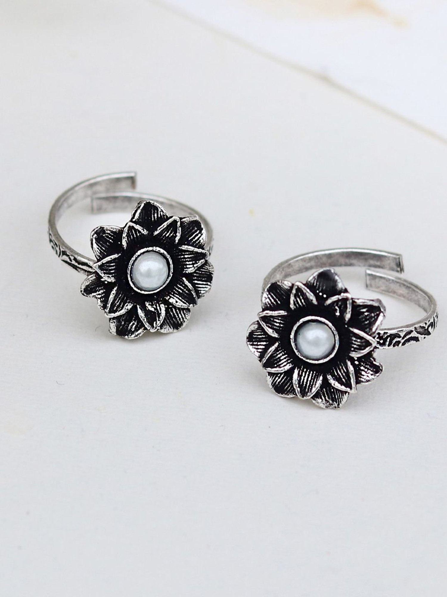 Teejh Kayra White Stone Silver Oxidized Pair of Toe-Rings