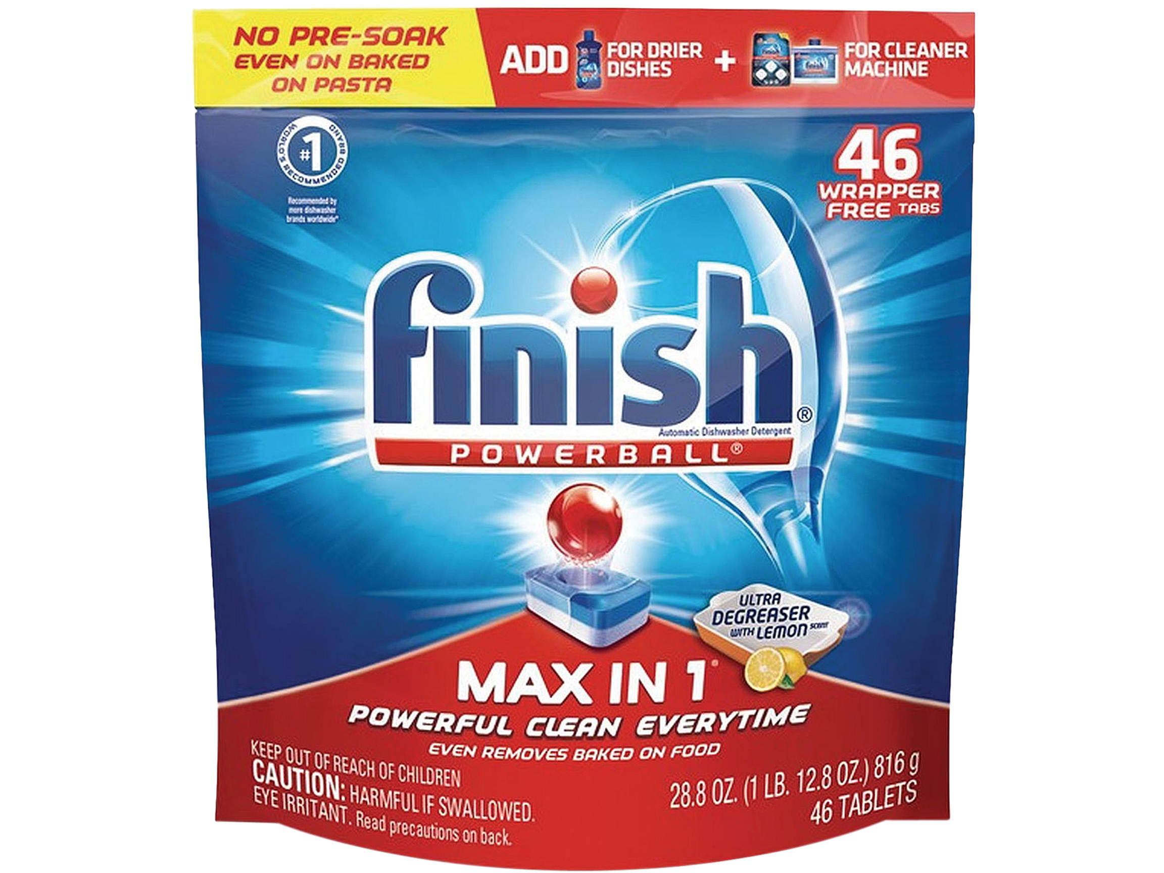 FINISH 51700-20604 Powerball Max in 1 Super Charged Ultra Degreaser Dishwasher Tabs, Lemon, Wrapper-Free, 46/Pack