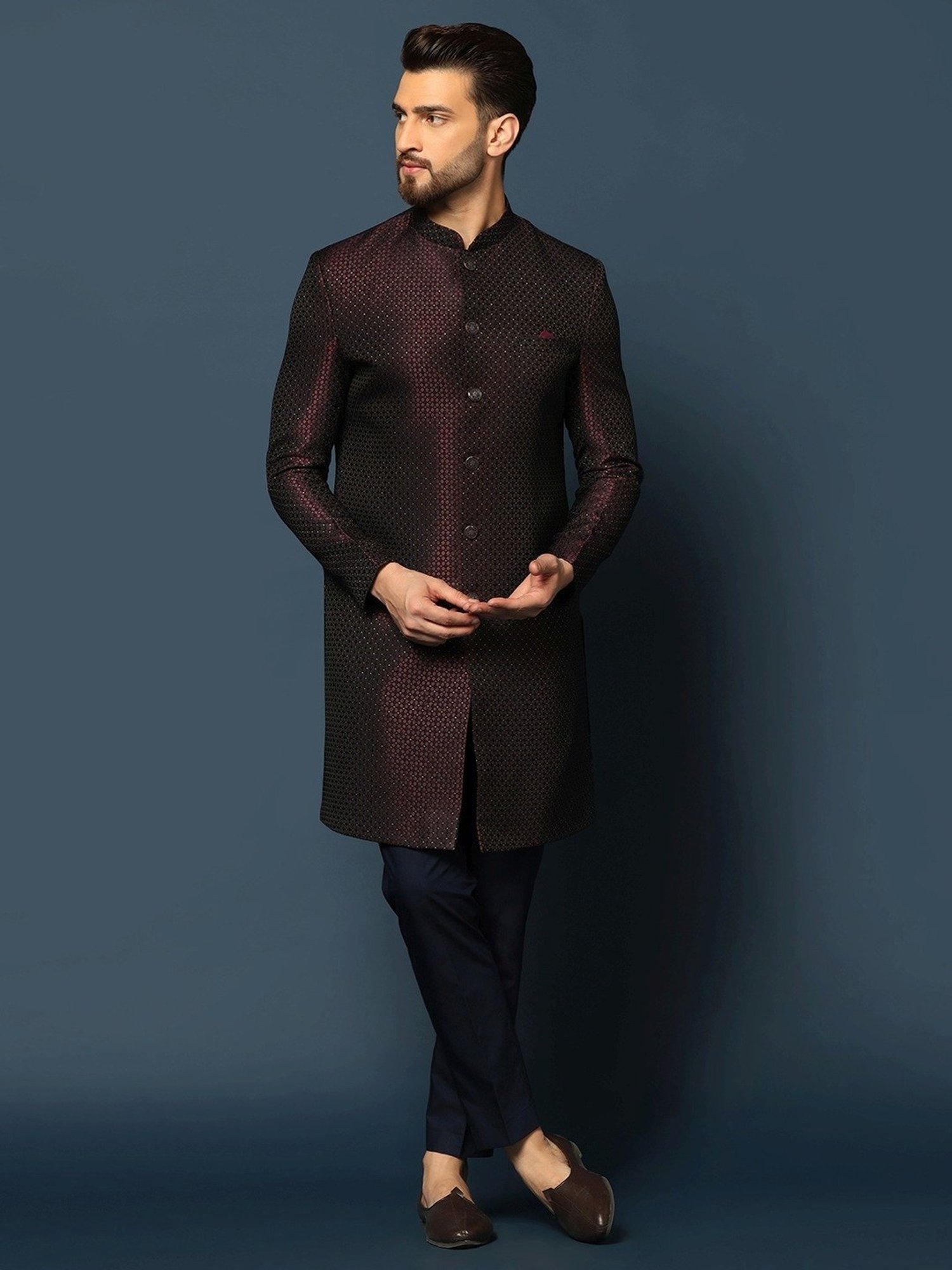 Hangup Plus Beige & Black Regular Fit Printed Sherwani Set