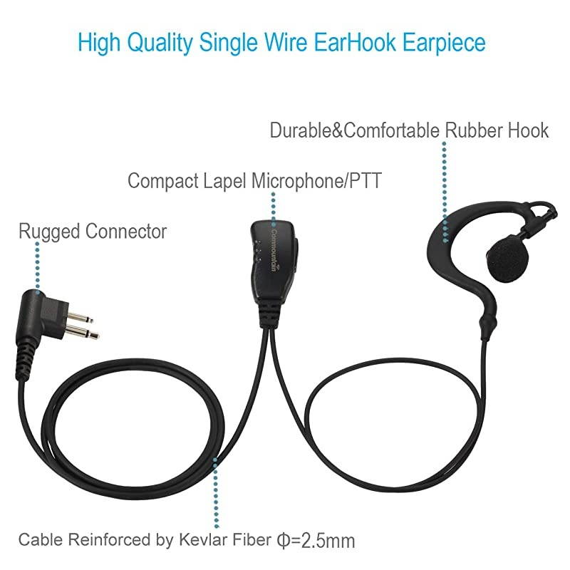 Wire Earhook Earpiece with Reinforced Cable for Motorola Radios BRP40 CP200 CP200D CP185 CLS1410 CLS1110 DTR650 RDU2020 RDU4100 RDU4160D RDU2080D RMU2040 RMU2080D CLS RMM RMU, G Shape Headset
