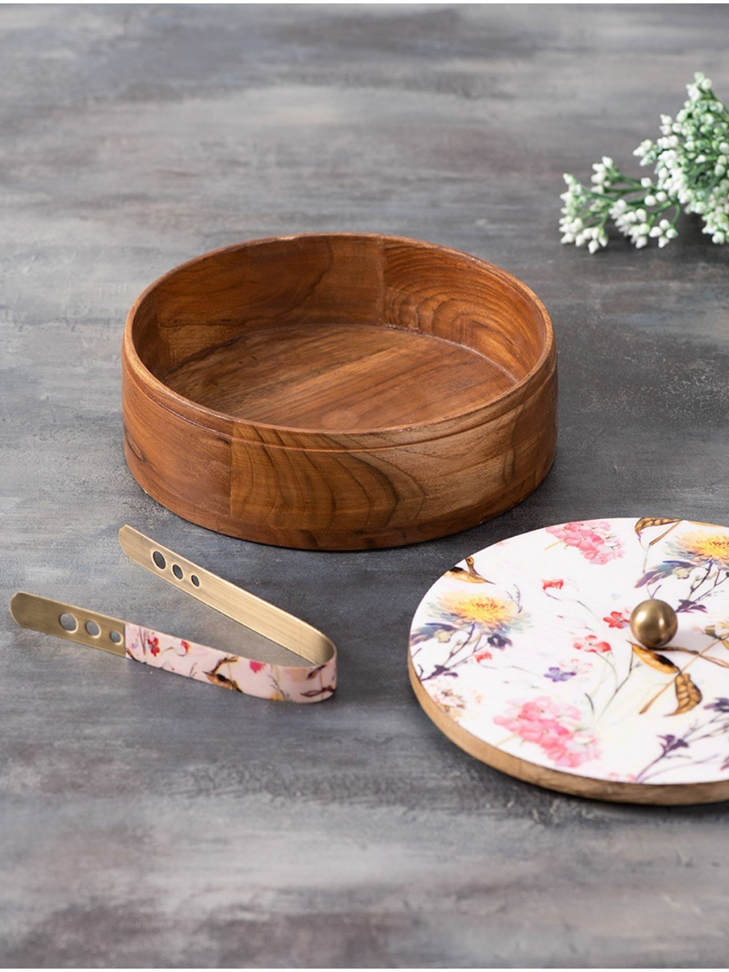 Nestroots White Wooden Casserole Box Chapati Box Food Warmer hotpot roti Box with Printed lid & Tong