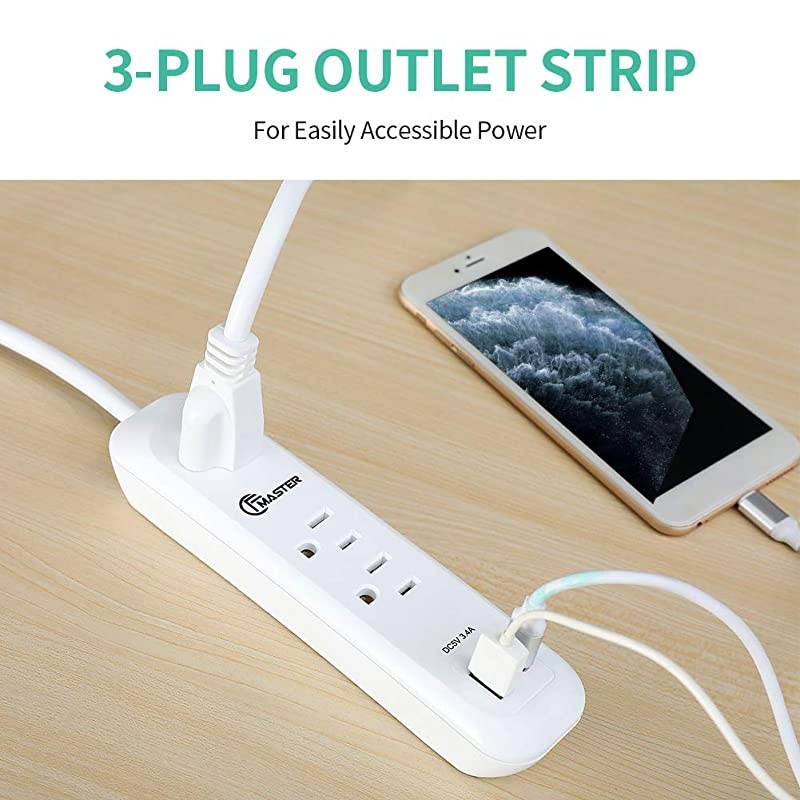 Fast Charger Power Strip Surge Protector Wall Outlets with 6FT Cord Straight Plug 3 AC Outlets 2 Smart IC Outlets34A 5V White