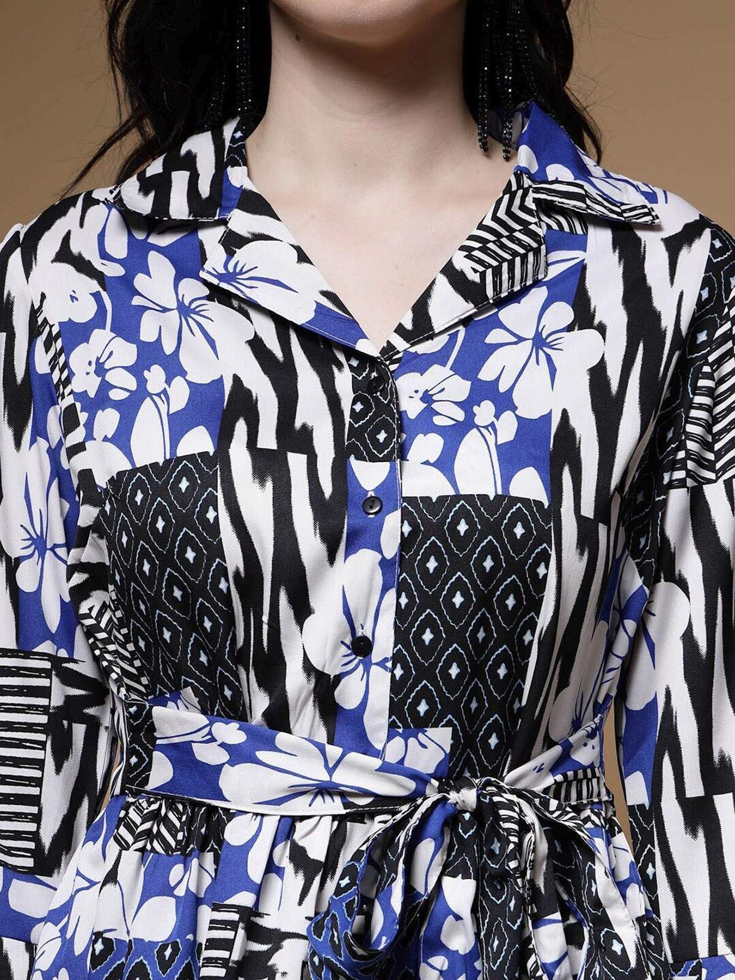 Melon by PlusS Blue Printed Shirt Pant Set With Waist Belt